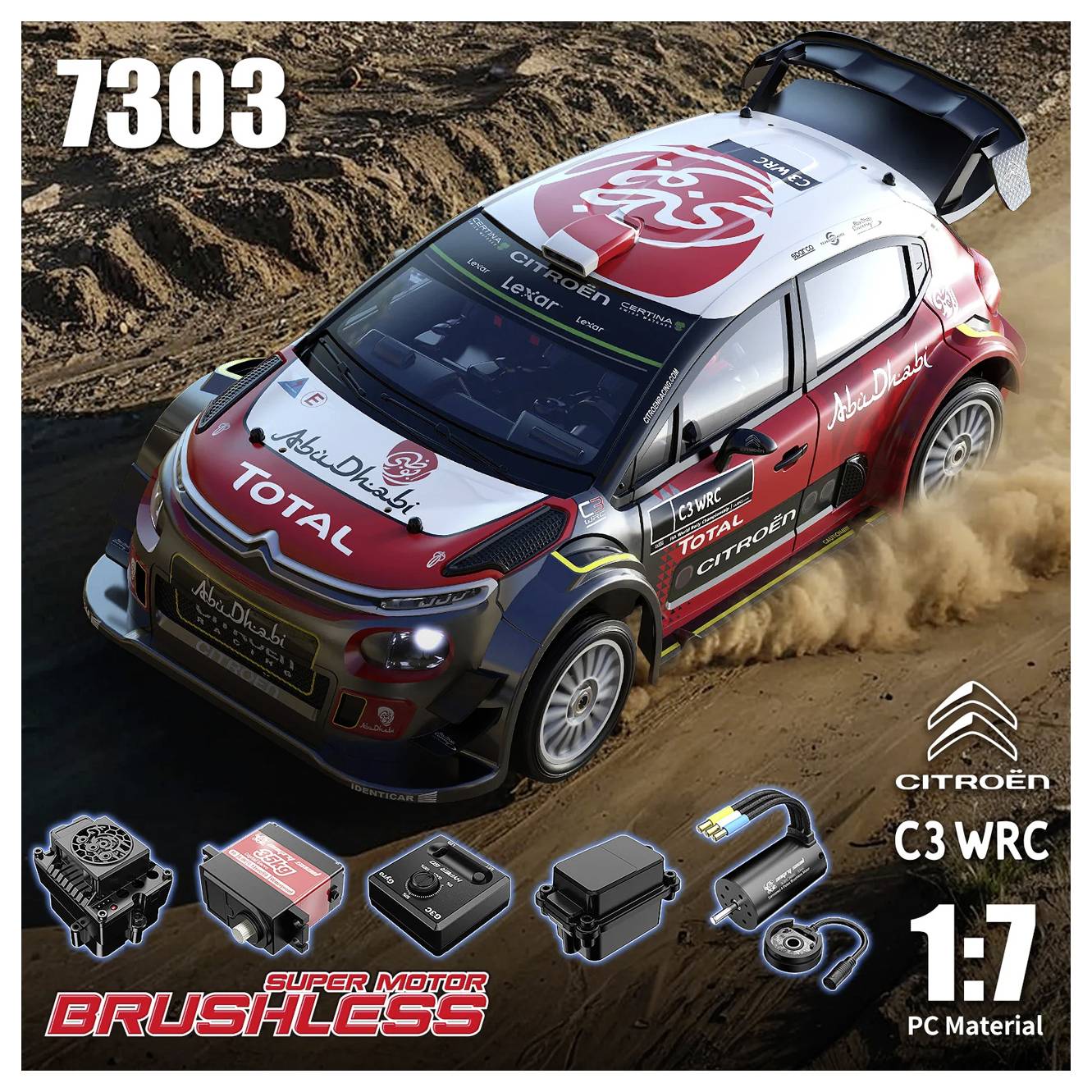 Citroën C3 WRC Rallye-Rennwagen-Modell auf einer Schotterpiste, Nummer 7303, Maßstab 1:7 PC-Material, mit unten gezeigtem „Super Motor Brushless