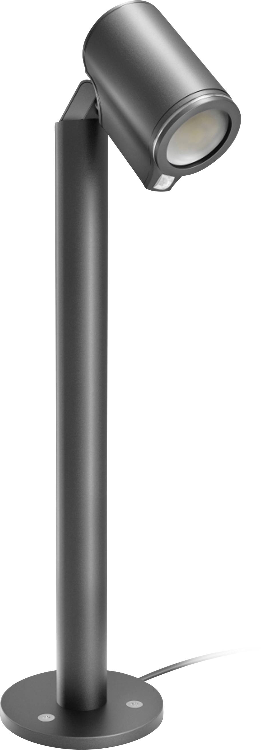 Eine schwarze verstellbare Spotlightlampe auf einer runden Basis, gezeigt vor einem einfachen weißen Hintergrund.