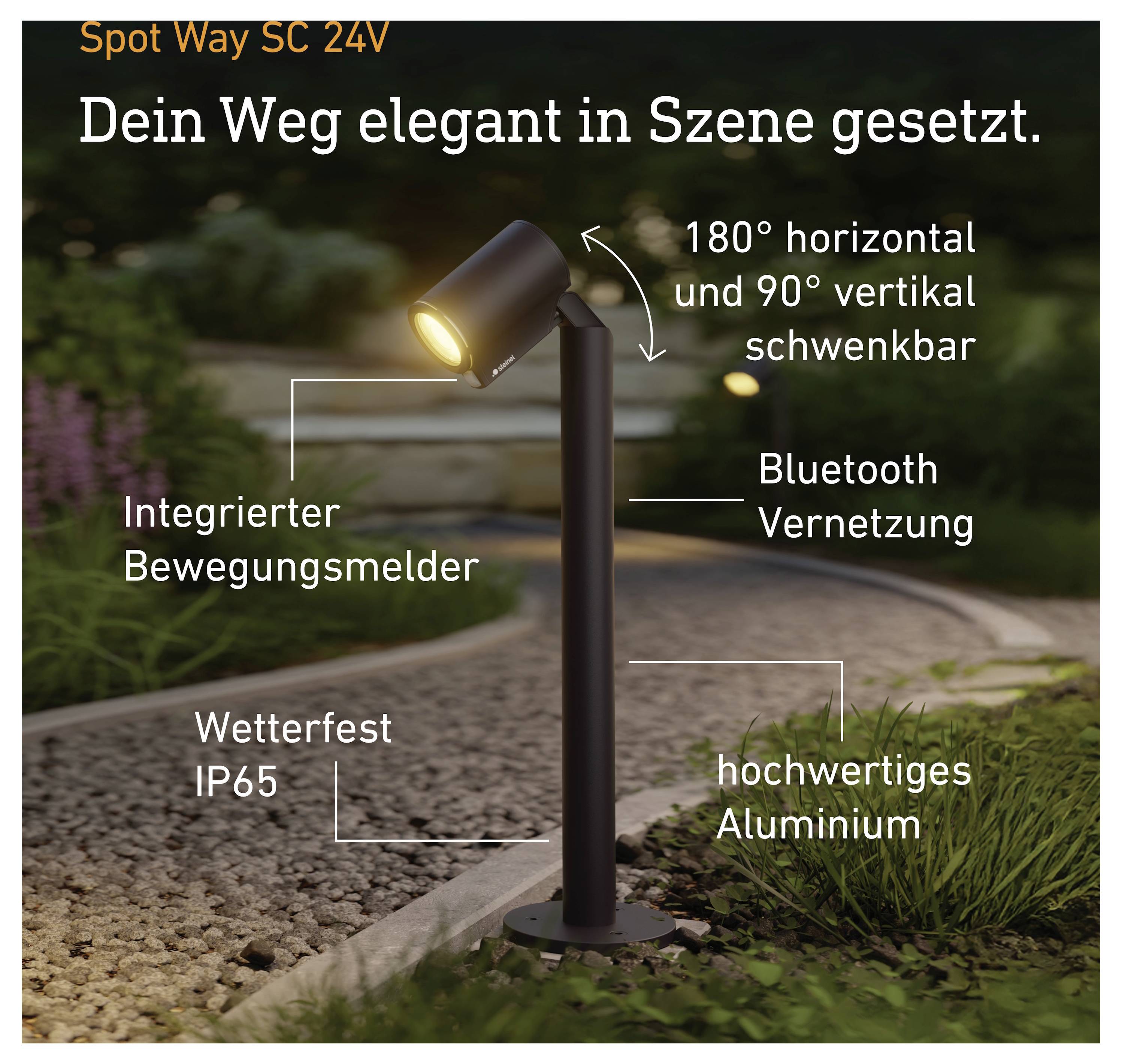 Außen-Schwarzlicht-Wegeleuchte SC 24V mit verstellbarem Kopf, Bewegungsmelder, Bluetooth, IP65-Wetterschutz und Aluminium-Konstruktion.