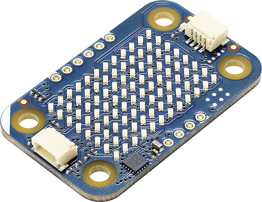 Blaue elektronische Leiterplatte mit vielen kleinen LED-Komponenten, vier Montagelöchern und zwei weißen Steckverbindern.