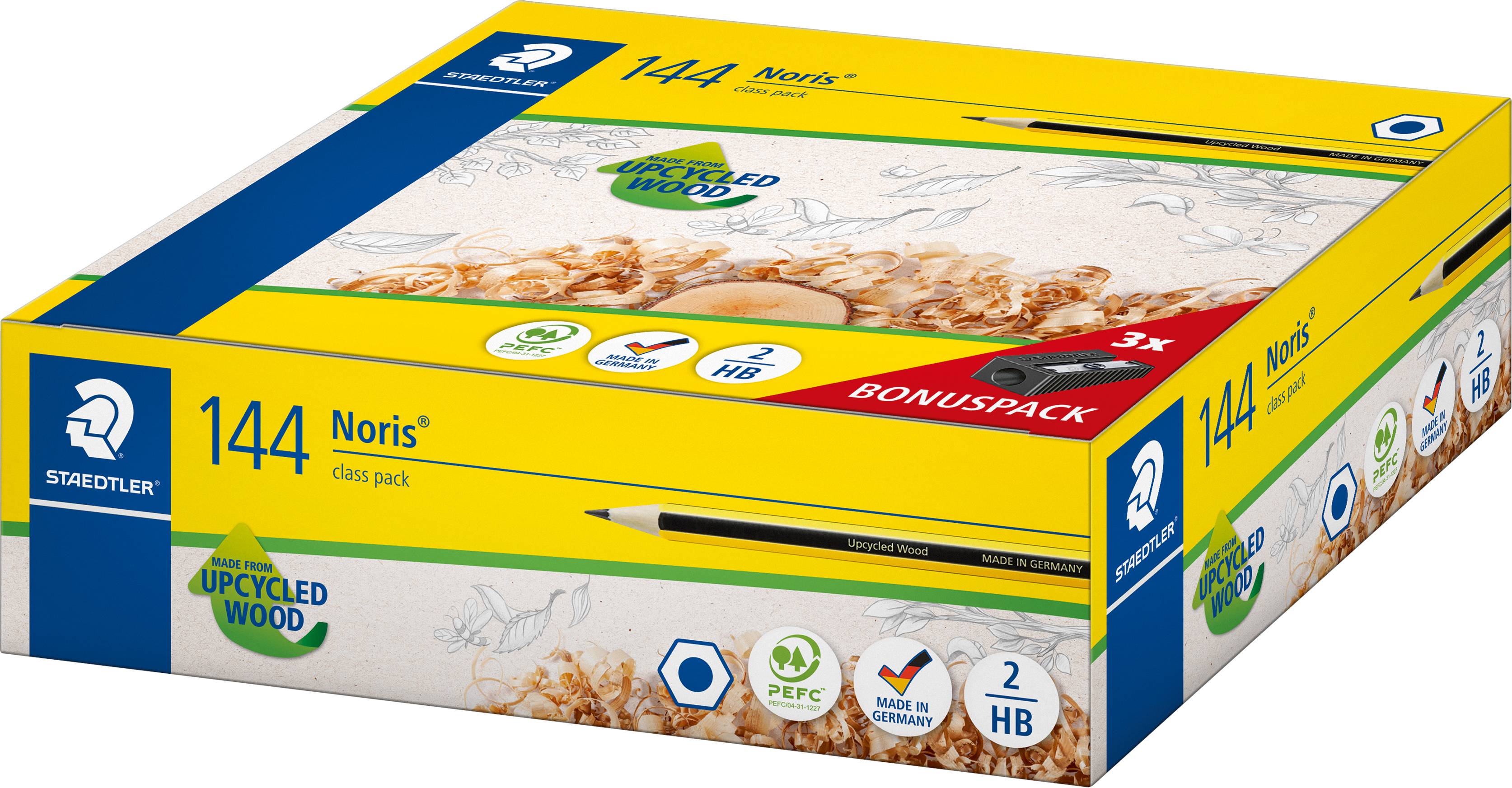Gelbe Staedtler Noris 144 Bonus Pack Schachtel mit 12 HB Bleistiften, gekennzeichnet mit Upcycling-Holz und hergestellt in Deutschland.