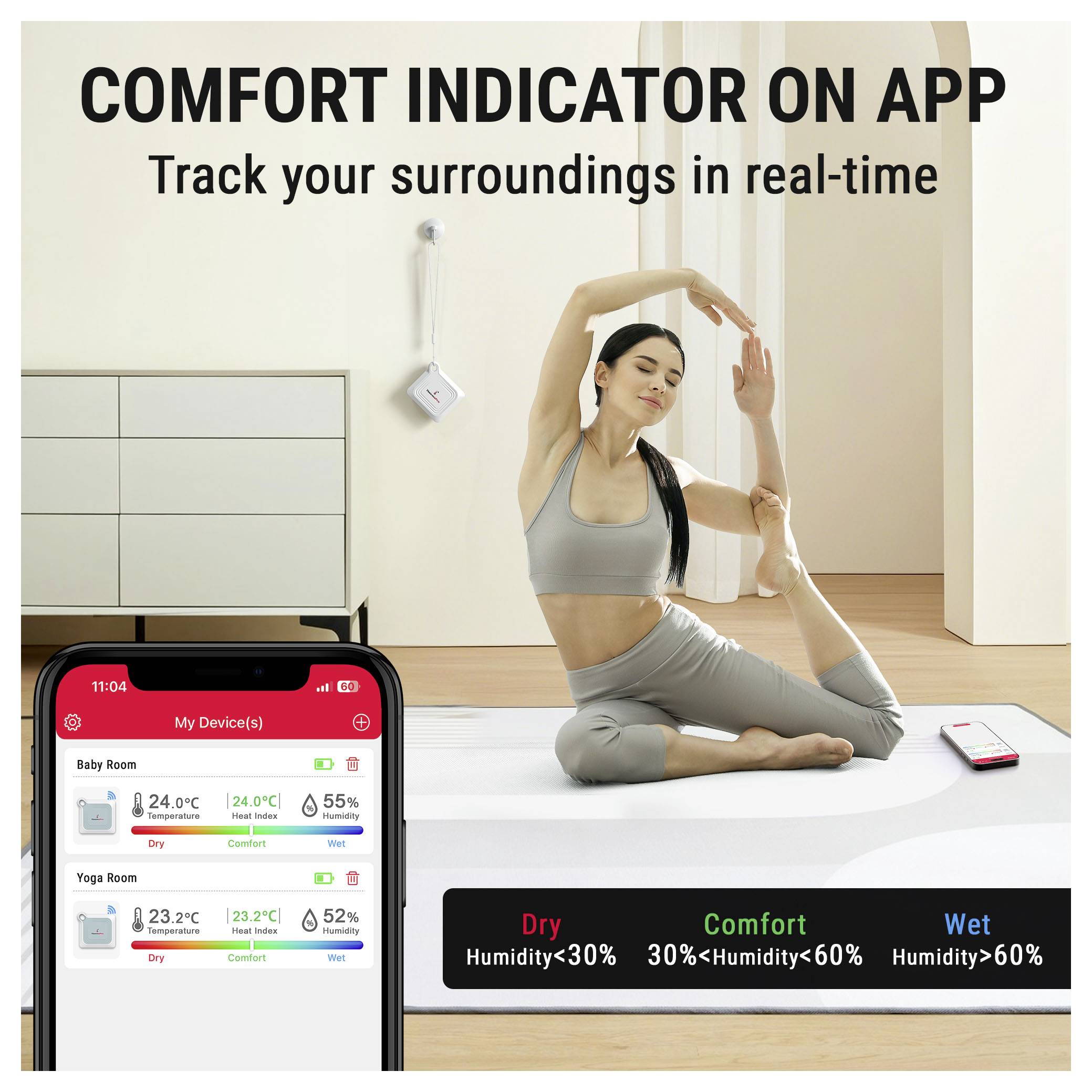 Werbebild für eine Komfort-Indikator-App: Eine Frau praktiziert Yoga, während eine Telefon-App Raumtemperatur und Luftfeuchtigkeit überwacht und die Bedingungen als Trocken, Komfort oder Feucht kennzeichnet.