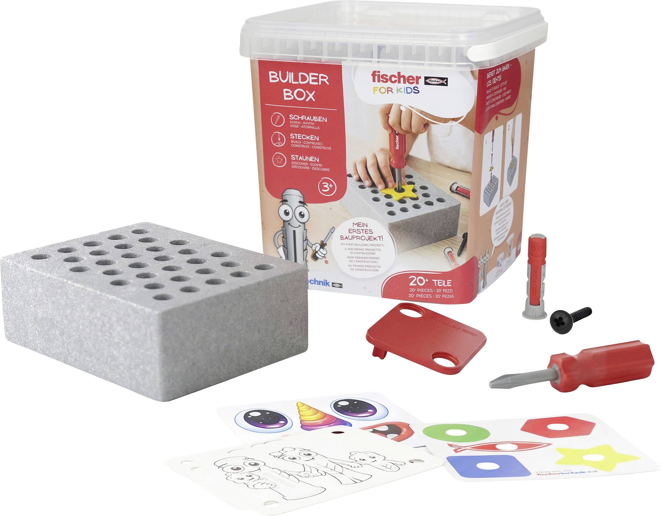 Kinderspielzeug-Baukasten mit Schaumstoffbausteinen, Schraubendreher, Schrauben und farbigen Anleitekarten in einer Aufbewahrungsbox mit der Bezeichnung „Builder Box