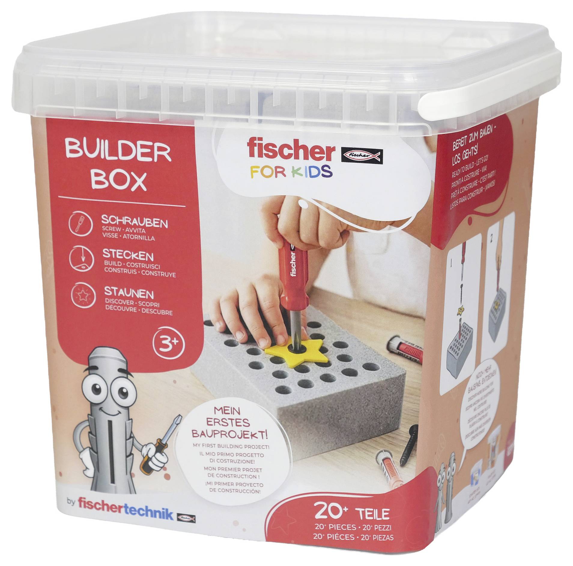 Fischertechnik 'Builder Box' Kinder-Konstruktionsbaukasten in einer Kunststoff-Aufbewahrungsbox, zeigt ein Kind, das einen Schraubendreher bei einem Modellbau verwendet, ab 3 Jahren.