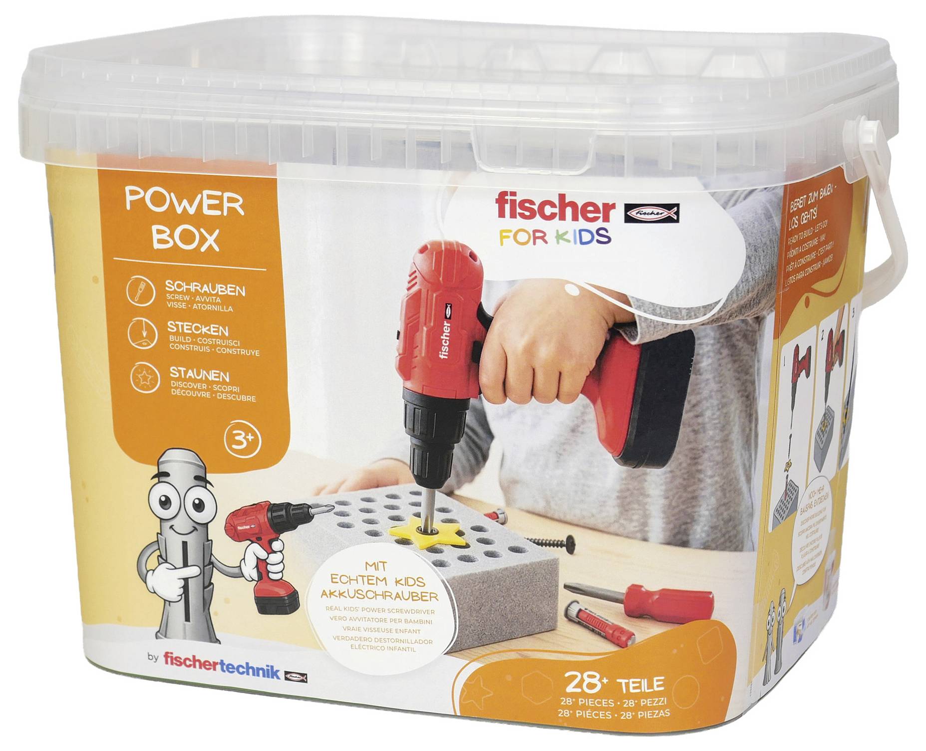 Fischer Technik für Kinder Power Box in einem transparenten Aufbewahrungskoffer, mit einem Kind, das einen roten Spielzeugbohrer mit Schrauben und Bauelementen verwendet; 28 Teile.