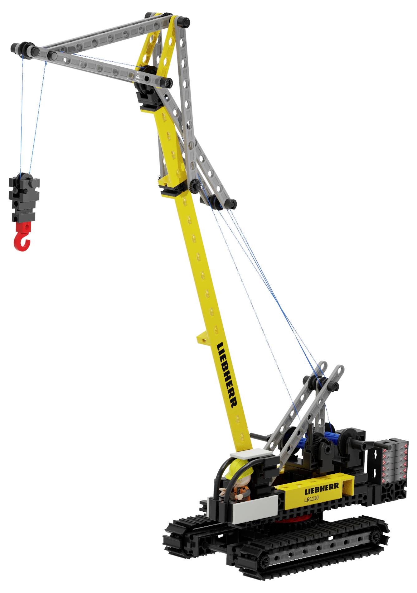 Ein Liebherr-Raupenkran-Modell mit langem gelbem Ausleger und hängender Kette vor weißem Hintergrund.