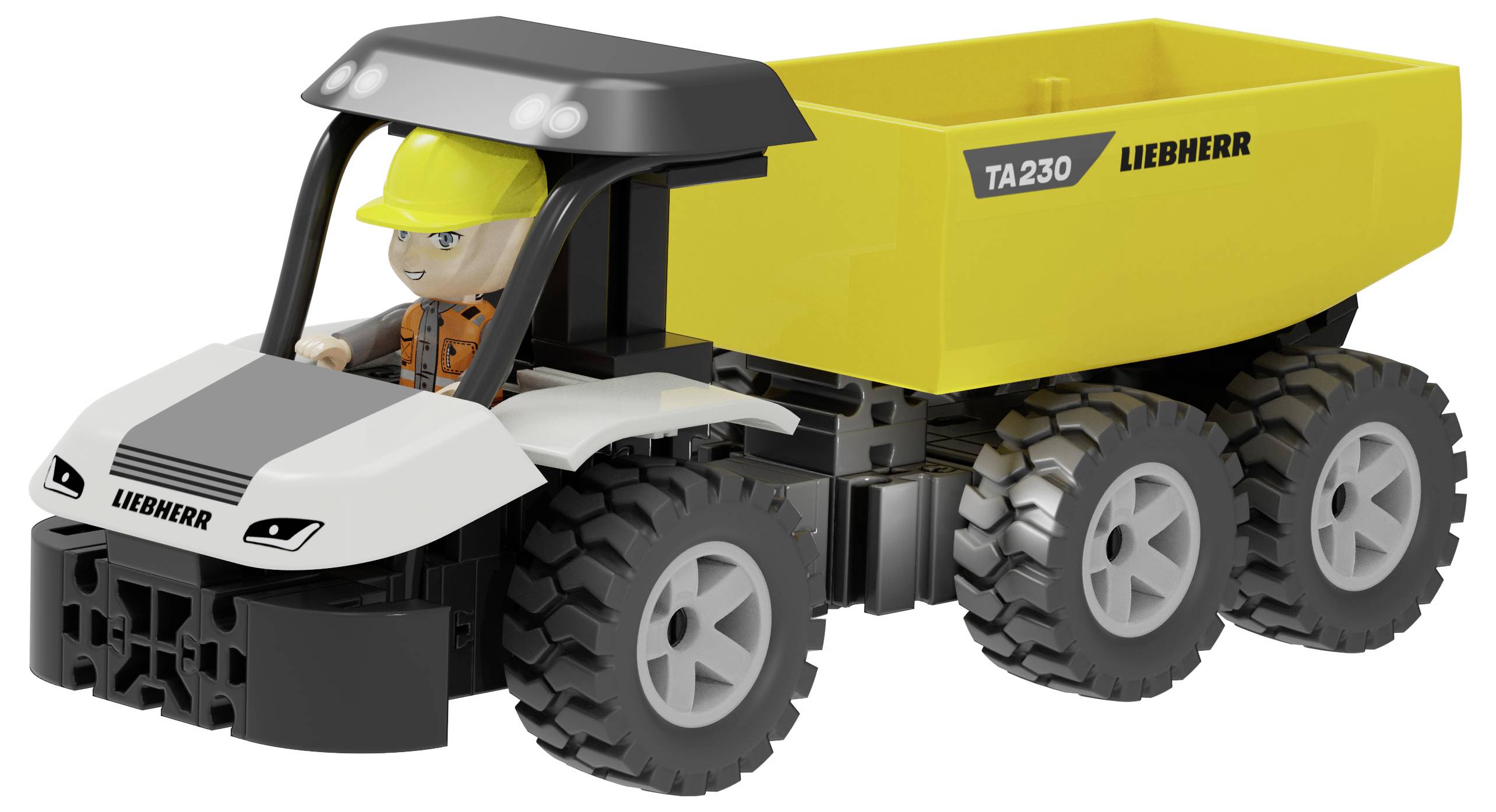 Gelber Liebherr TA230 Muldenkipper mit Gelenkrahmen und Fahrerfigur, Seitenansicht auf weißem Hintergrund.