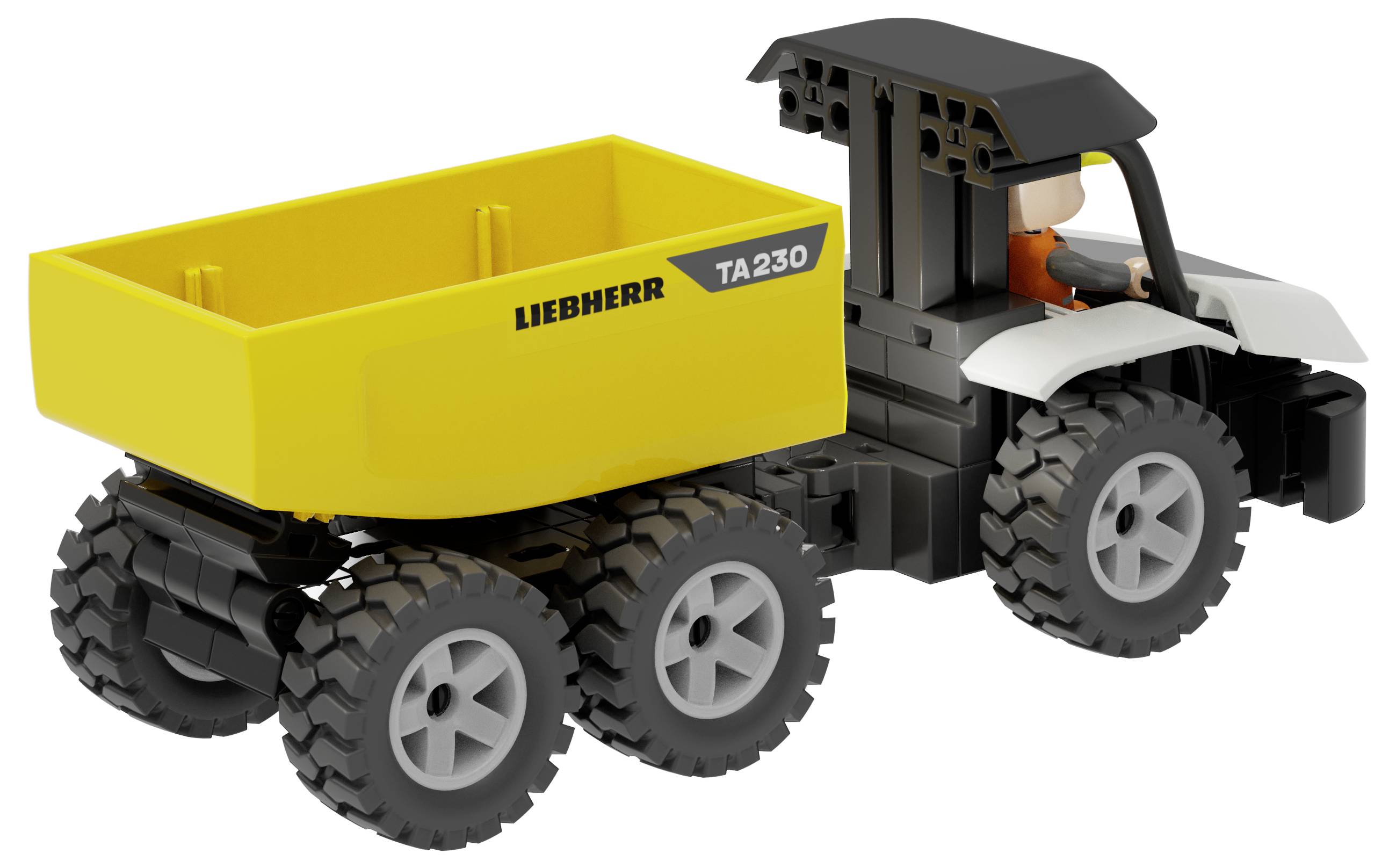 Spielzeug-Kipplastwagen-Modell mit gelbem Liebherr TA230-Aufbau, schwarzer Kabine und übergroßen Rädern auf weißem Hintergrund.