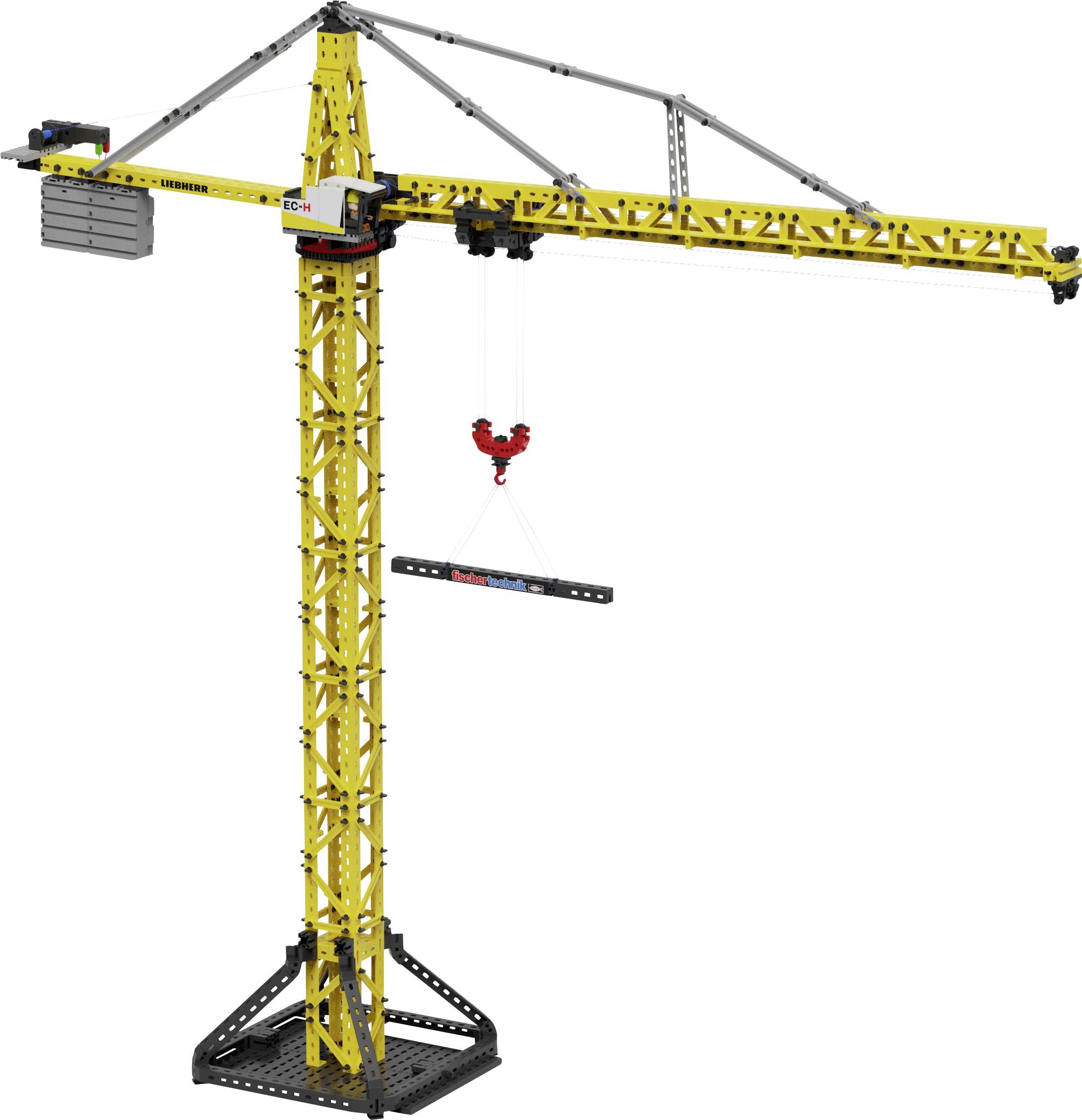 Gelber Turmdrehkran mit langem horizontalem Ausleger, hängender Kette mit Haken und Basisunterstützung auf weißem Hintergrund.
