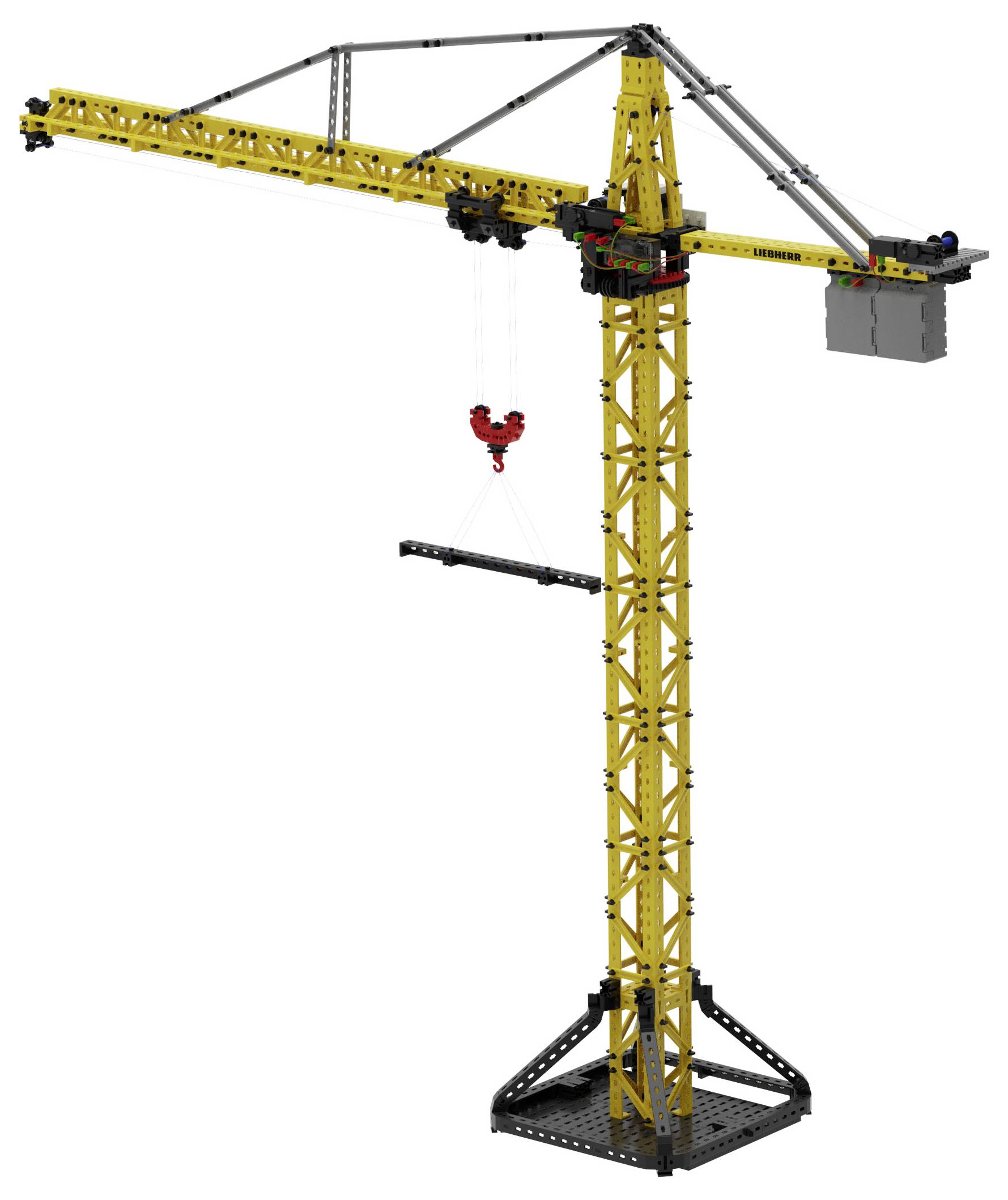 Gittermast-Turmkran mit langem gelbem horizontalem Ausleger, Gegengewichten und einem hängenden roten Haken auf weißem Hintergrund.