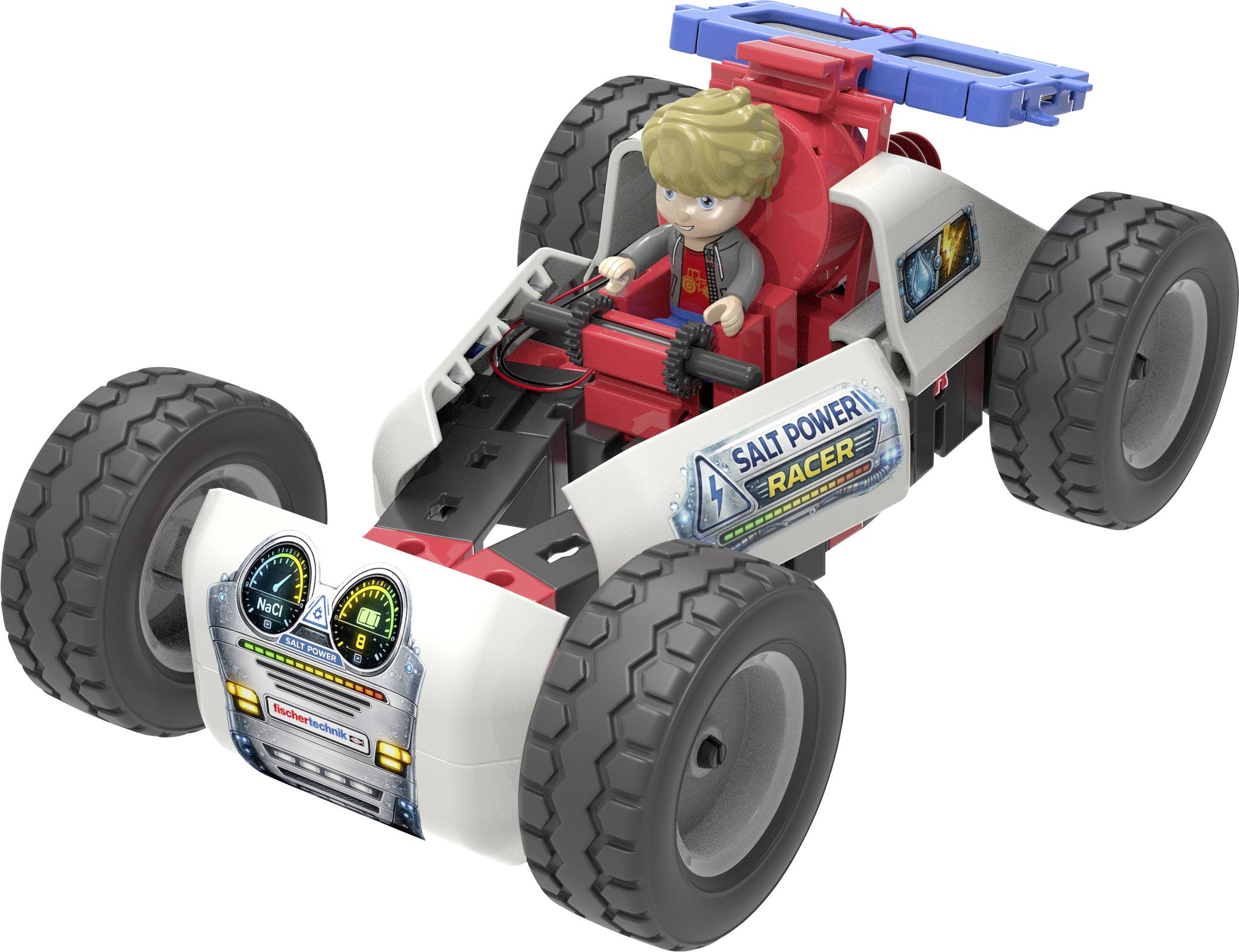 Spielzeug-Geländerennwagen mit großen Reifen und einer sitzenden Fahrerfigur, mit der Beschriftung „SALT POWER RACER