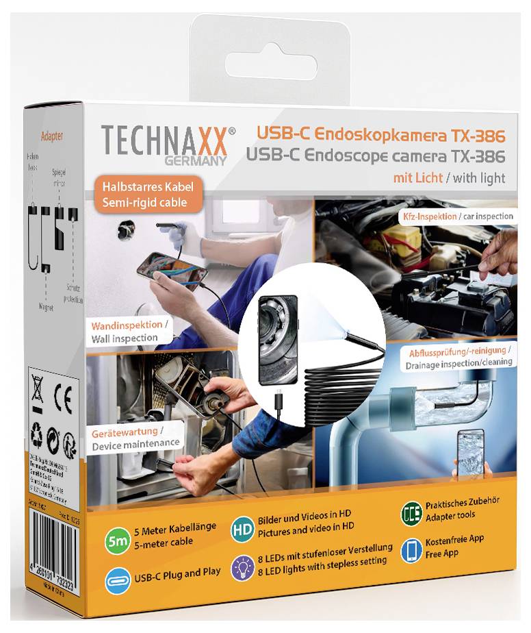Verpackung für TECHNAXX USB-C Endoskopkamera TX-386 mit Licht, zeigt Inspektionsanwendungen: Wand, Auto, Abfluss und Gerätewartung.