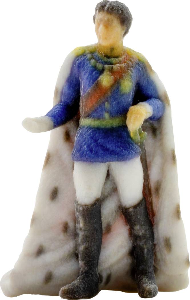 Kleine bemalte Figur eines Mannes mit Umhang in einer blauen Tunika und schwarzen Stiefeln, der auf einer felsähnlichen Basis steht.