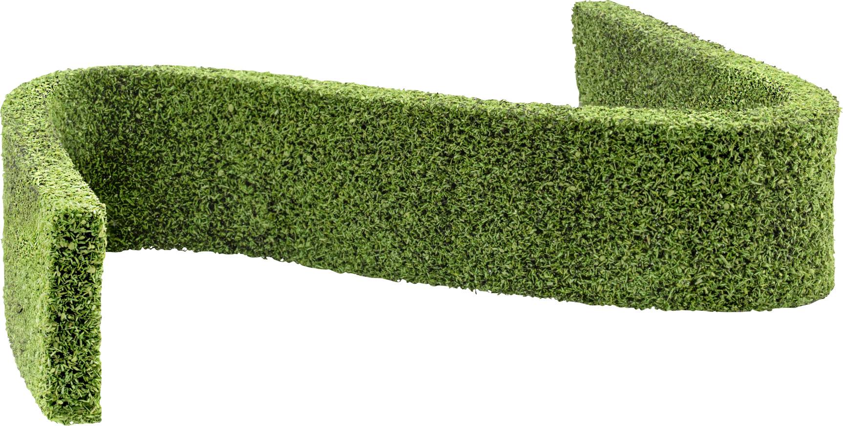 Grüne künstliche Heckenpaneele, die zu einem geschwungenen, rechteckigen Gehege oder einer Barriere auf weißem Hintergrund geformt sind.