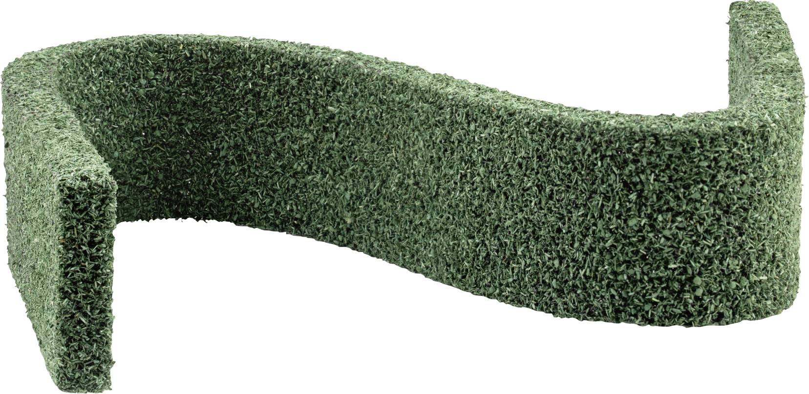 Grüner künstlicher Hecken-Sichtschutz mit gebogenen, gefalteten Enden, isoliert auf weißem Hintergrund dargestellt.