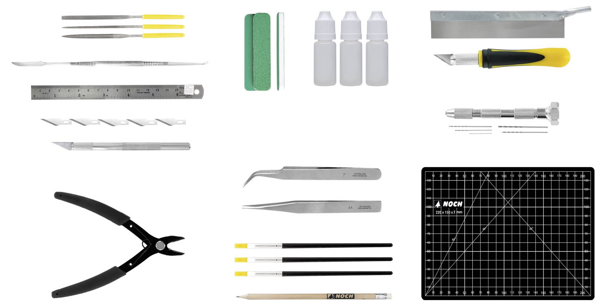 Sortierte Präzisions-Hobby- und Handwerkswerkzeuge auf weißem Hintergrund, darunter Pinzetten, Messer, Lineal, Feilen, Schneidewerkzeuge, Bleistifte, Leimflaschen und Schneidematte.