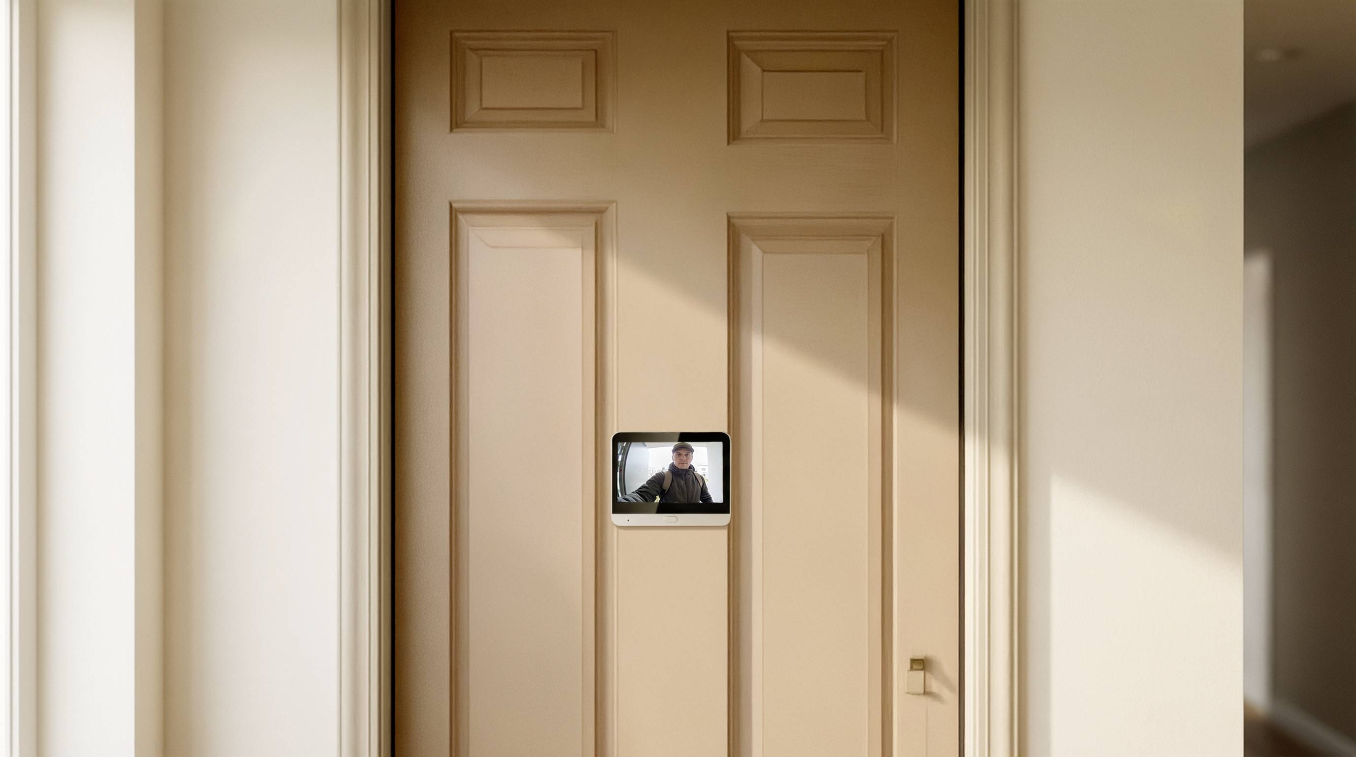 Geschlossene beige Innentür mit einem kleinen Fenster oder Display in der Mitte, das eine Person auf einem Bildschirm zeigt.