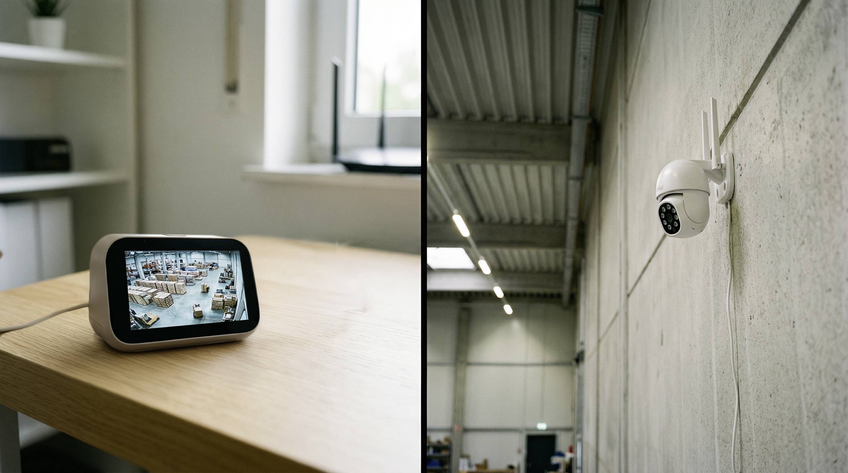 Geteiltes Bild: Links zeigt ein Smart Display auf einem Tisch eine Überwachungskameraansicht eines Parkplatzes; rechts ist eine weiße Sicherheitskamera an einer Betonwand in einem Lagerhaus montiert.