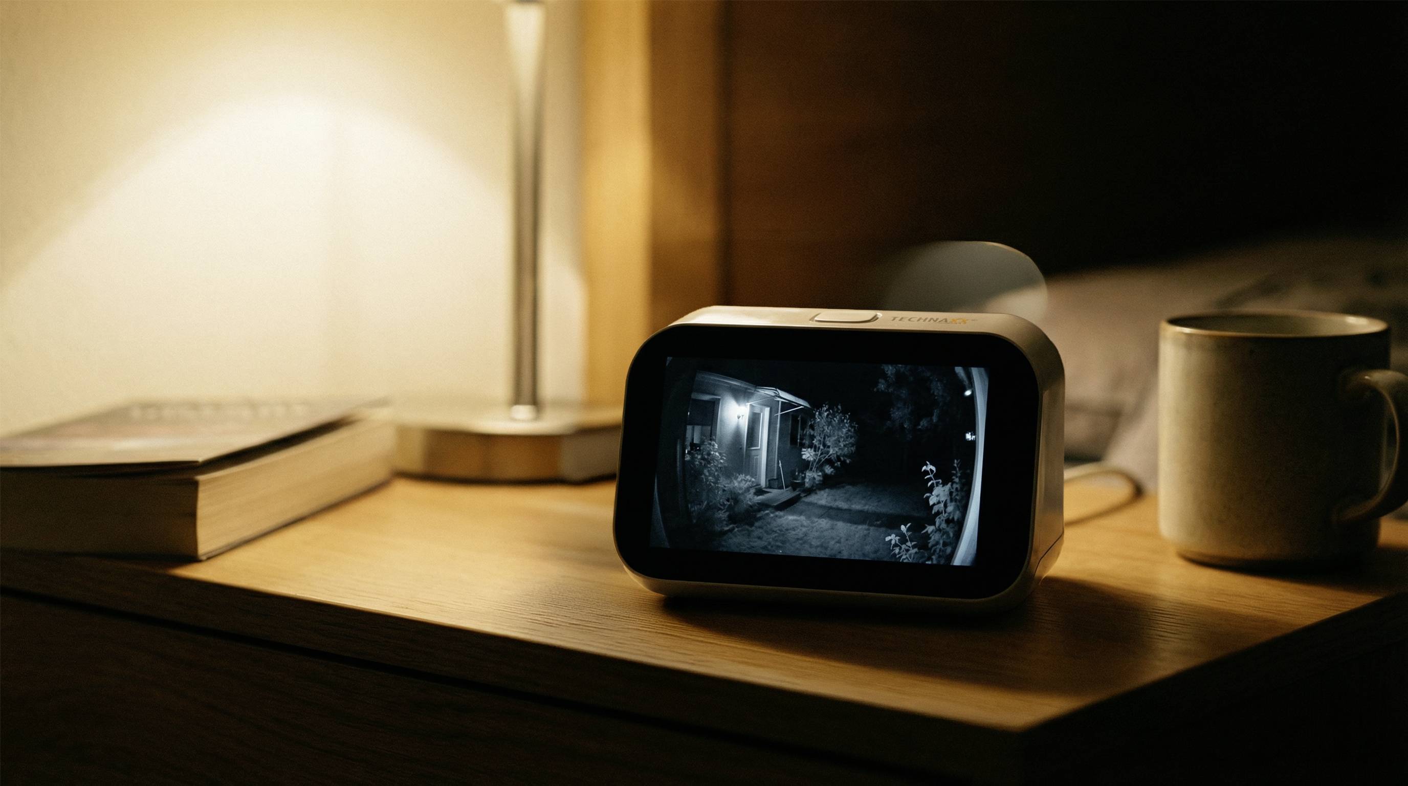 Eine Nachttishuhr zeigt auf ihrem Display eine schwarzweiße Sicherheitskameraaufnahme eines Außenpfads bei Nacht, neben einer Lampe, einem Buch und einer Tasse auf einem Holztisch.