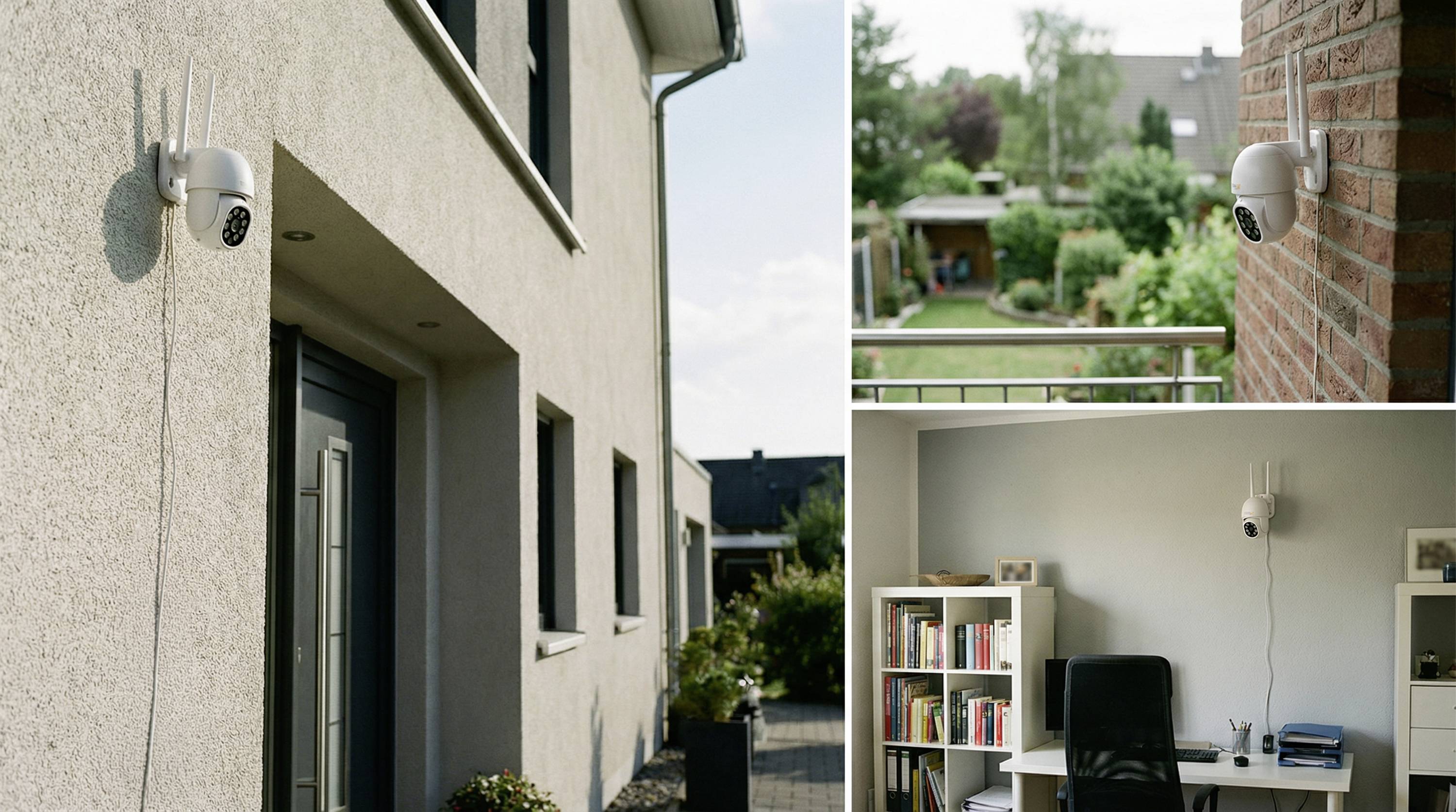 Sicherheitskamera, die außerhalb eines Hauses montiert ist, an einer Außenwand angebracht und im Inneren eines Zimmers positioniert, wobei die Überwachungsabdeckung des Hauses betont wird.