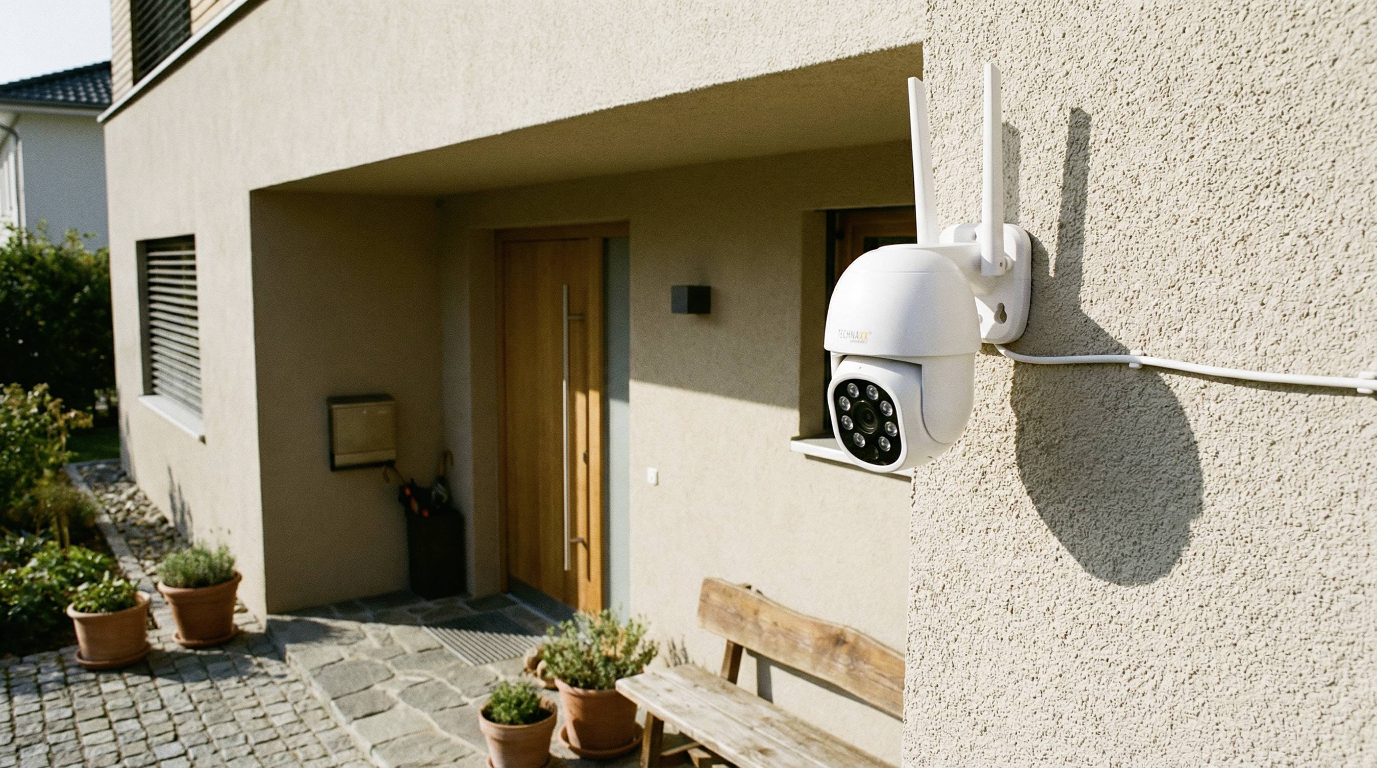 Outdoor-Überwachungskamera an der Hauswand neben der Haustür angebracht, mit Blick auf eine Terrasse und einen Eingangsbereich.