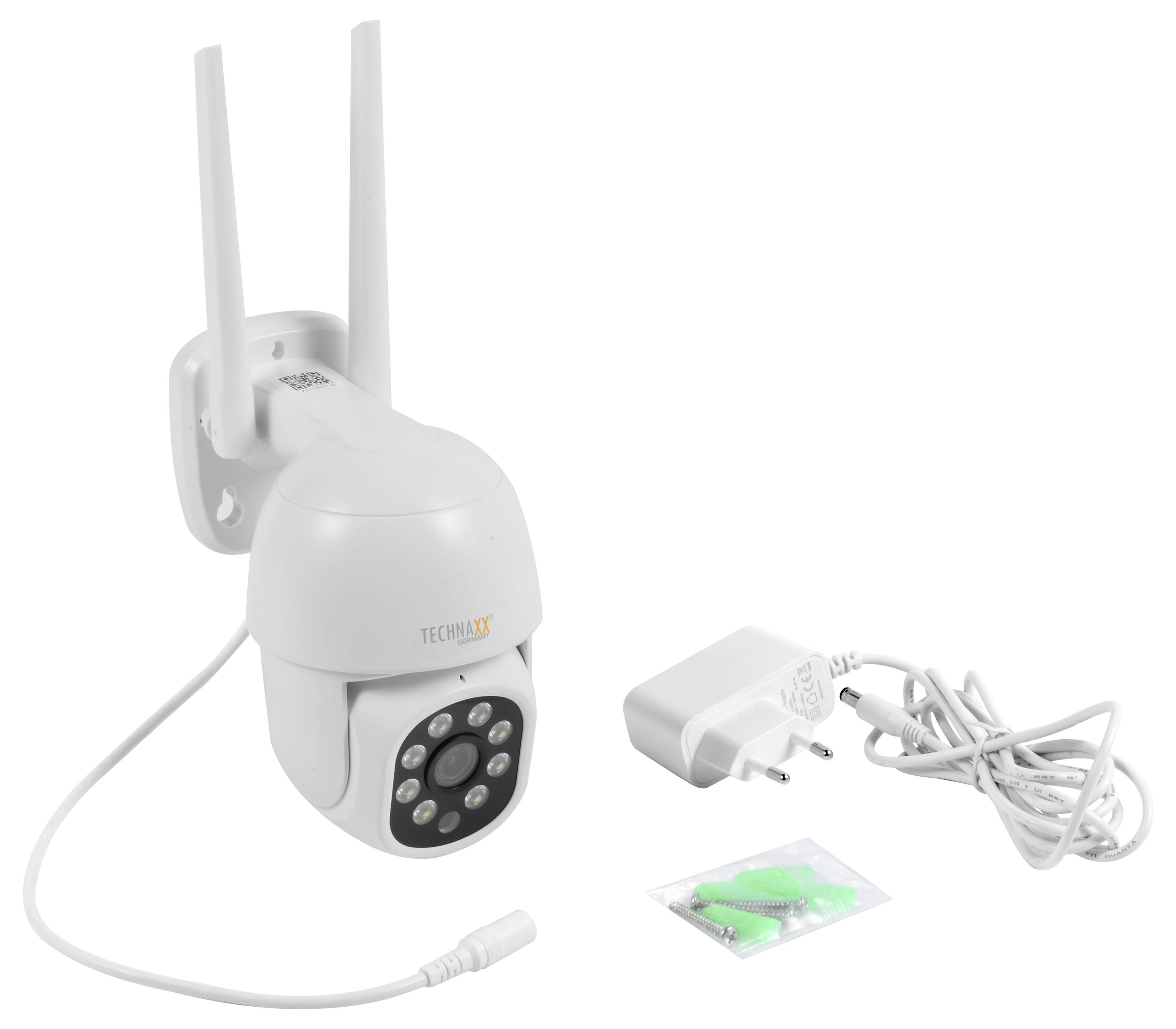 Weiße Außen-Wi-Fi-Sicherheitskamera mit zwei Antennen, Netzteil, Kabel und Befestigungsschrauben im Lieferumfang enthalten.