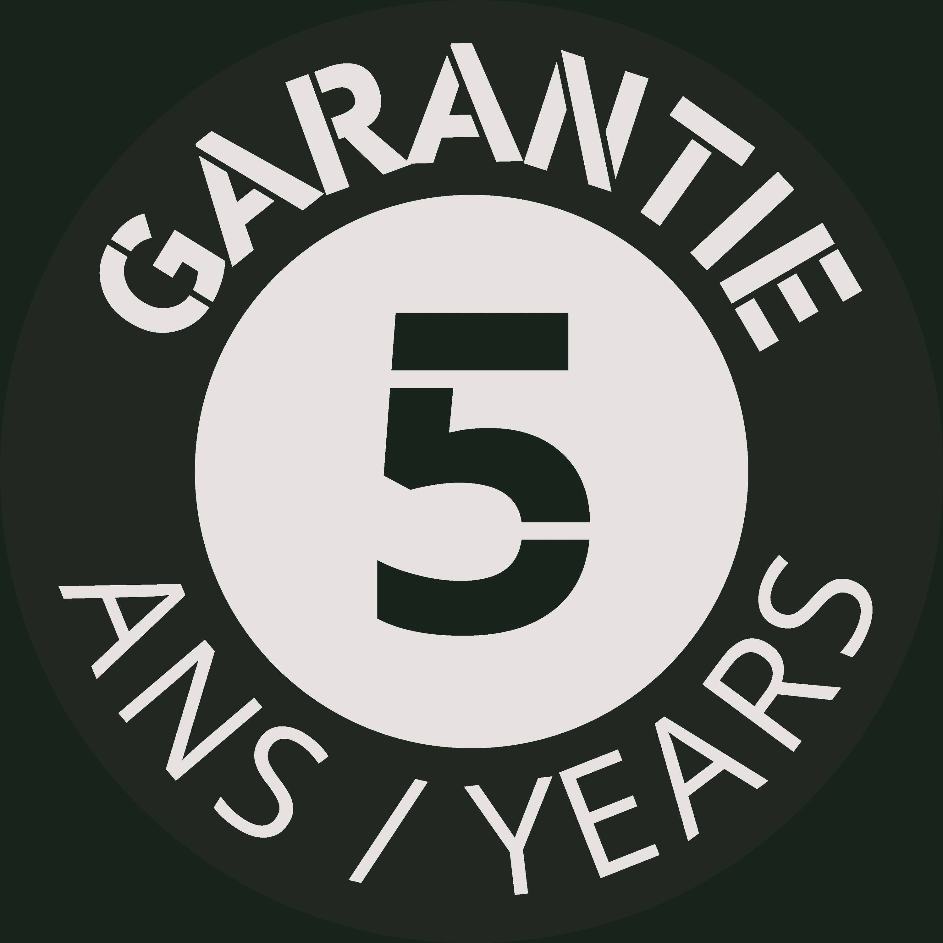 Garantie 5 Jahre Logo: große Zahl 5 in einem Kreis, mit 'GARANTIE' oben und 'JAHRE / YEARS' unten.