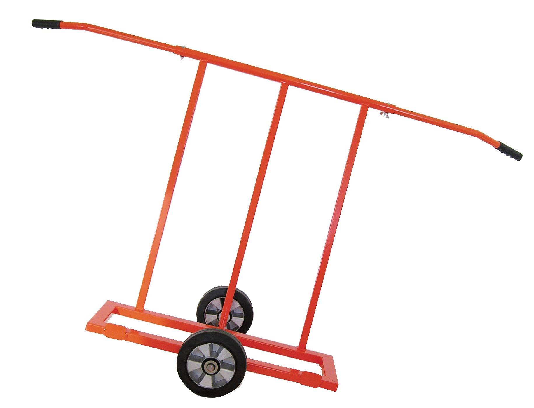 Orange-farbiger Handwagen mit zwei Rädern und einem geschwungenen oberen Griff auf weißem Hintergrund.