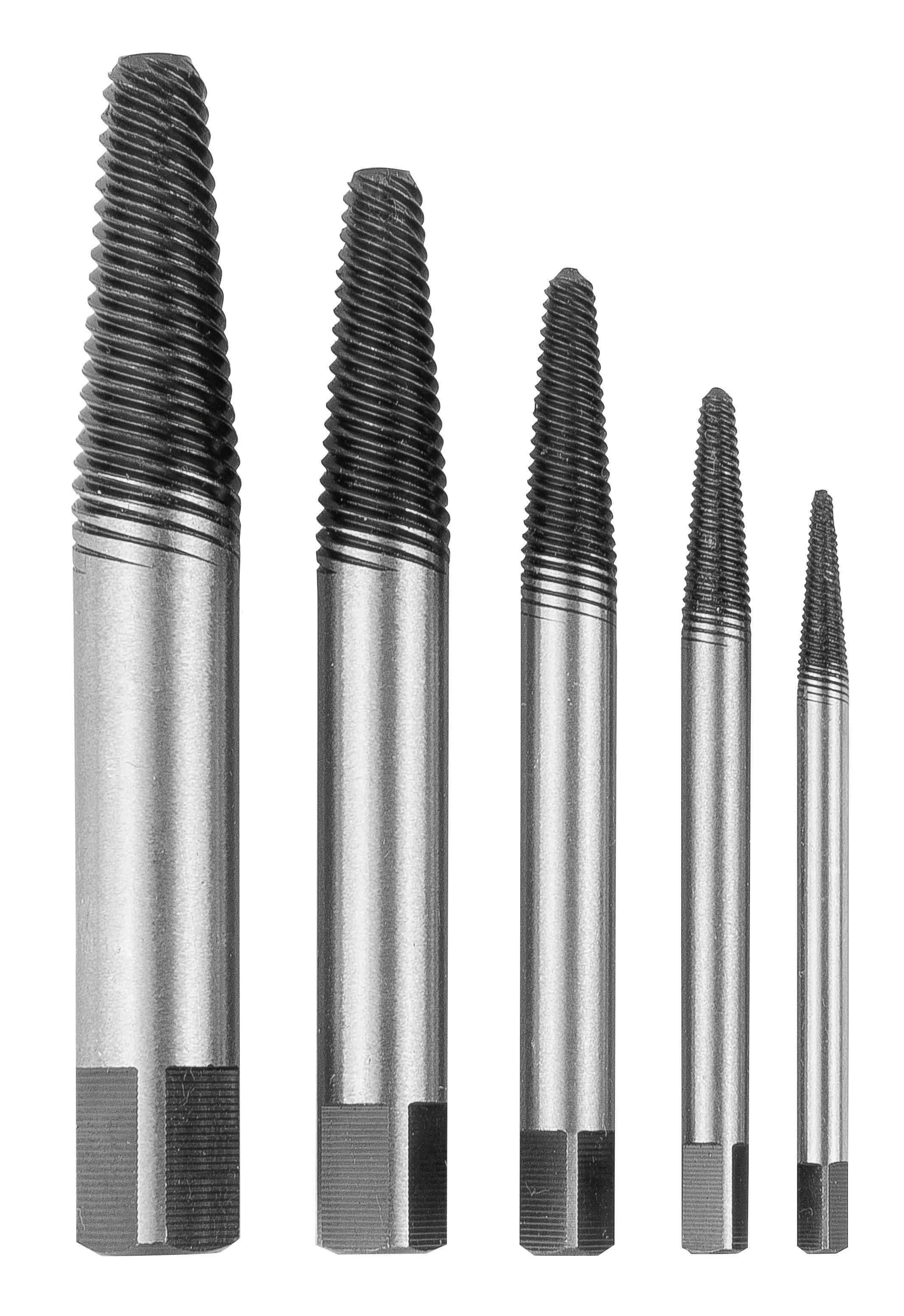 Fünf metallische Gewindebohrer oder Gewindestichel in abnehmender Größe nebeneinander auf weißem Hintergrund angeordnet.