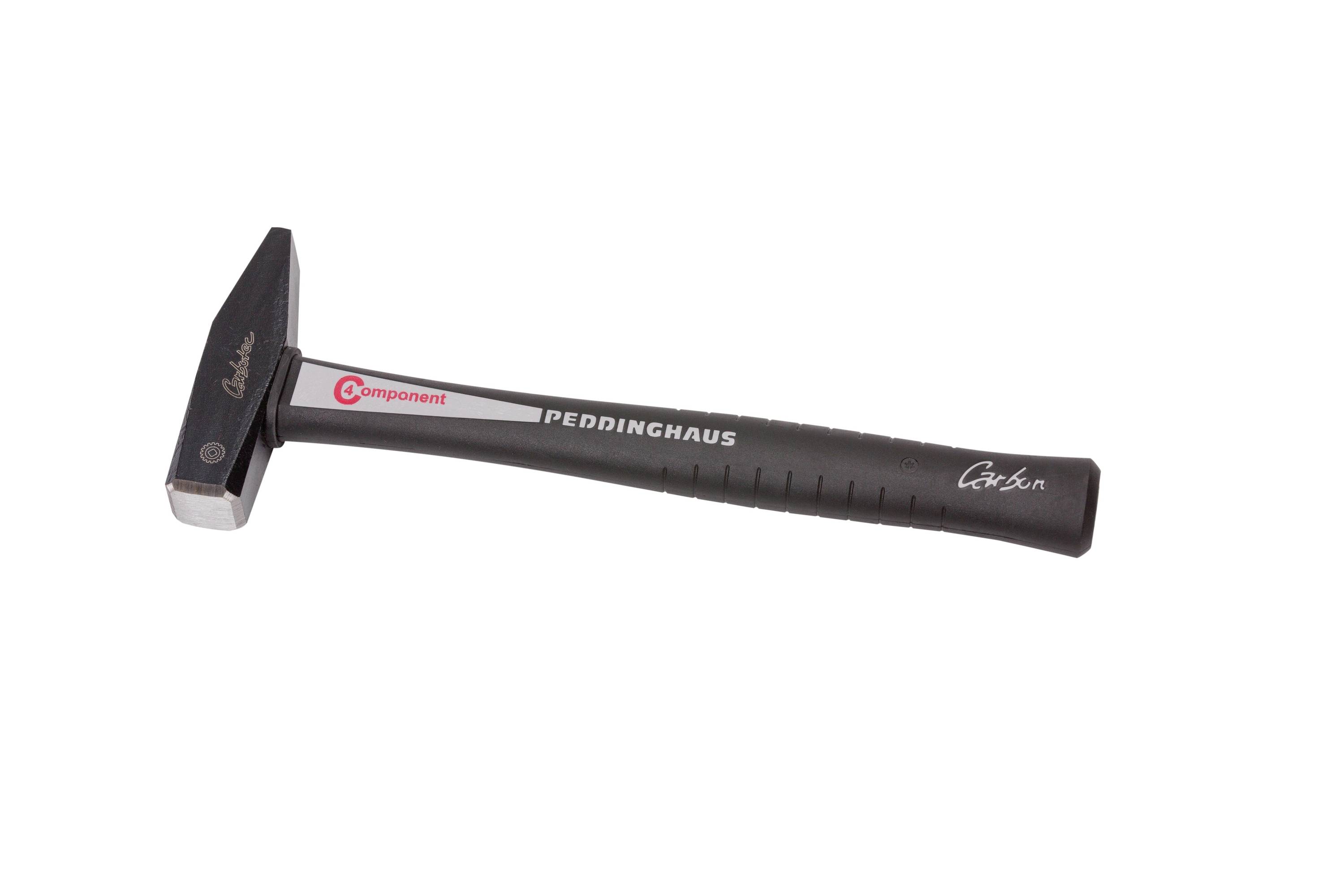 Schwarzer Peddinghaus Kohlenstoffstahl-Handschlag-Hammer mit quadratischem Metallkopf und Gummigriff, gezeigt auf weißem Hintergrund.