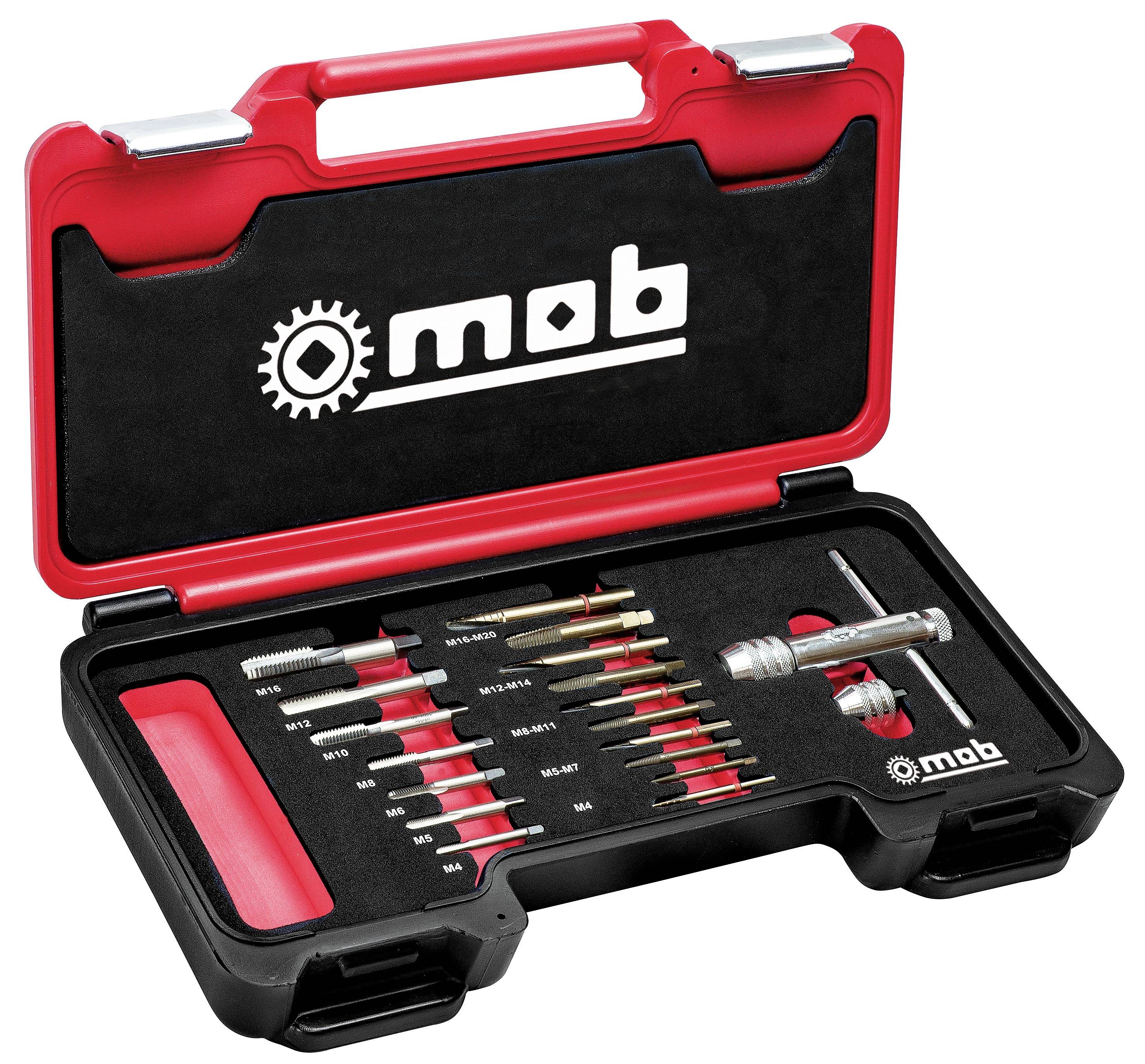 Offener rot-schwarzer Transportkoffer mit „mab