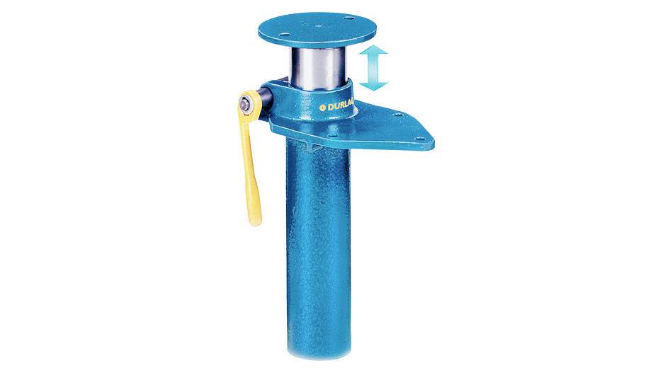 Blaueme verstellbare Rohrhalterungsschelle mit gelbem Verriegelungshebel und Pfeilindikator nach oben und unten, auf weißem Hintergrund dargestellt.