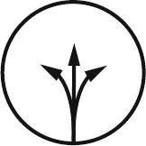 Schwarzes Rundes Schild mit drei Pfeilen, die sich nach oben verzweigen und mehrere Richtungsmöglichkeiten oder aufgeteilten Verkehrsfluss andeuten.