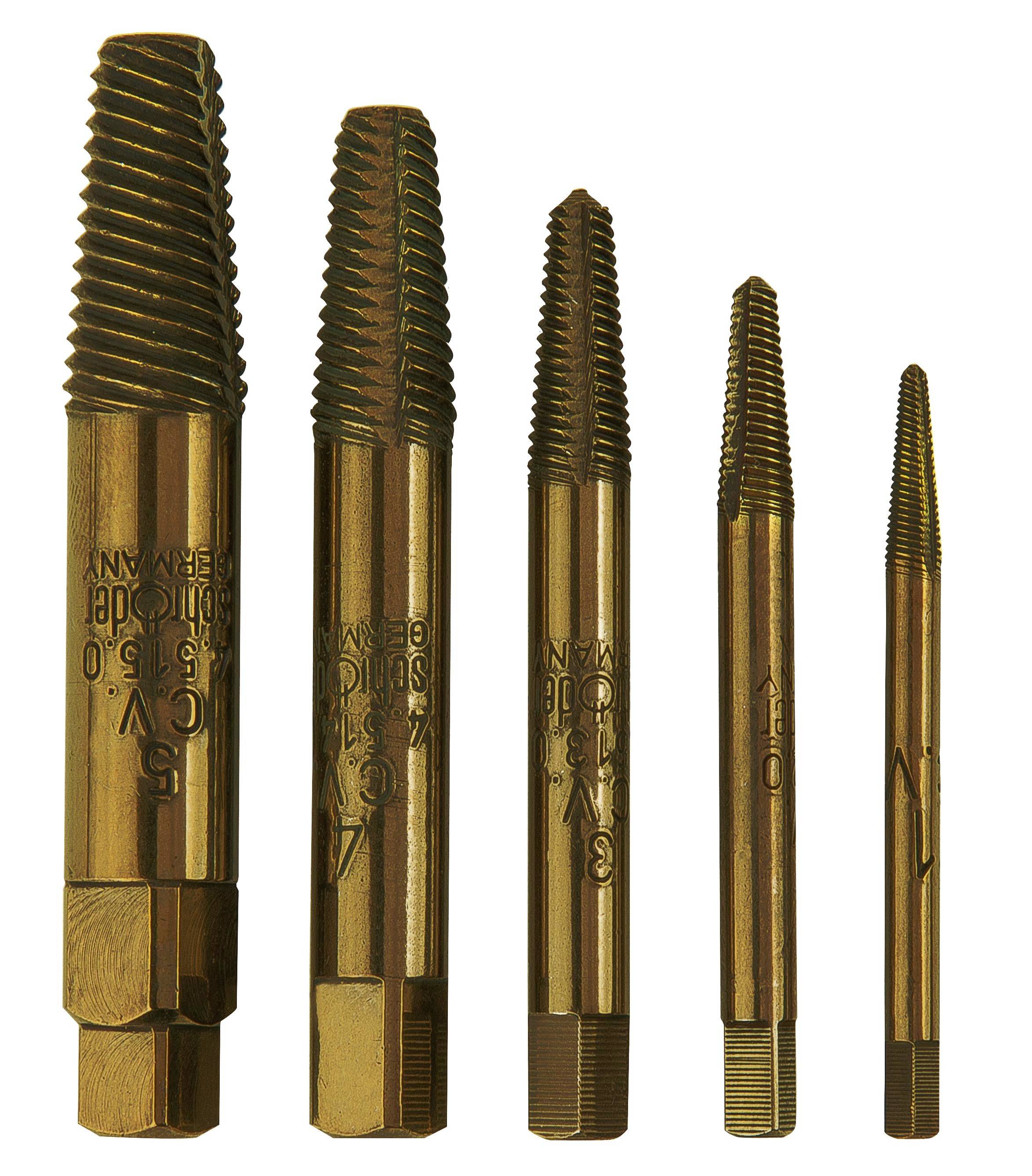 Fünf bronzefarbene Spiralnut-Schraubenauszieher in abnehmender Größe nebeneinander auf weißem Hintergrund angeordnet.