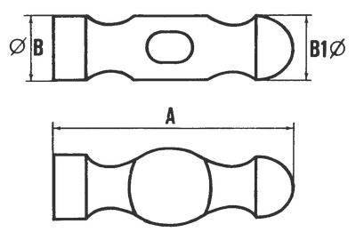 Diagramm einer Zugprobe mit den Abmessungen A, B und B1, abgerundeten Enden und einem zentralen reduzierten Querschnitt.
