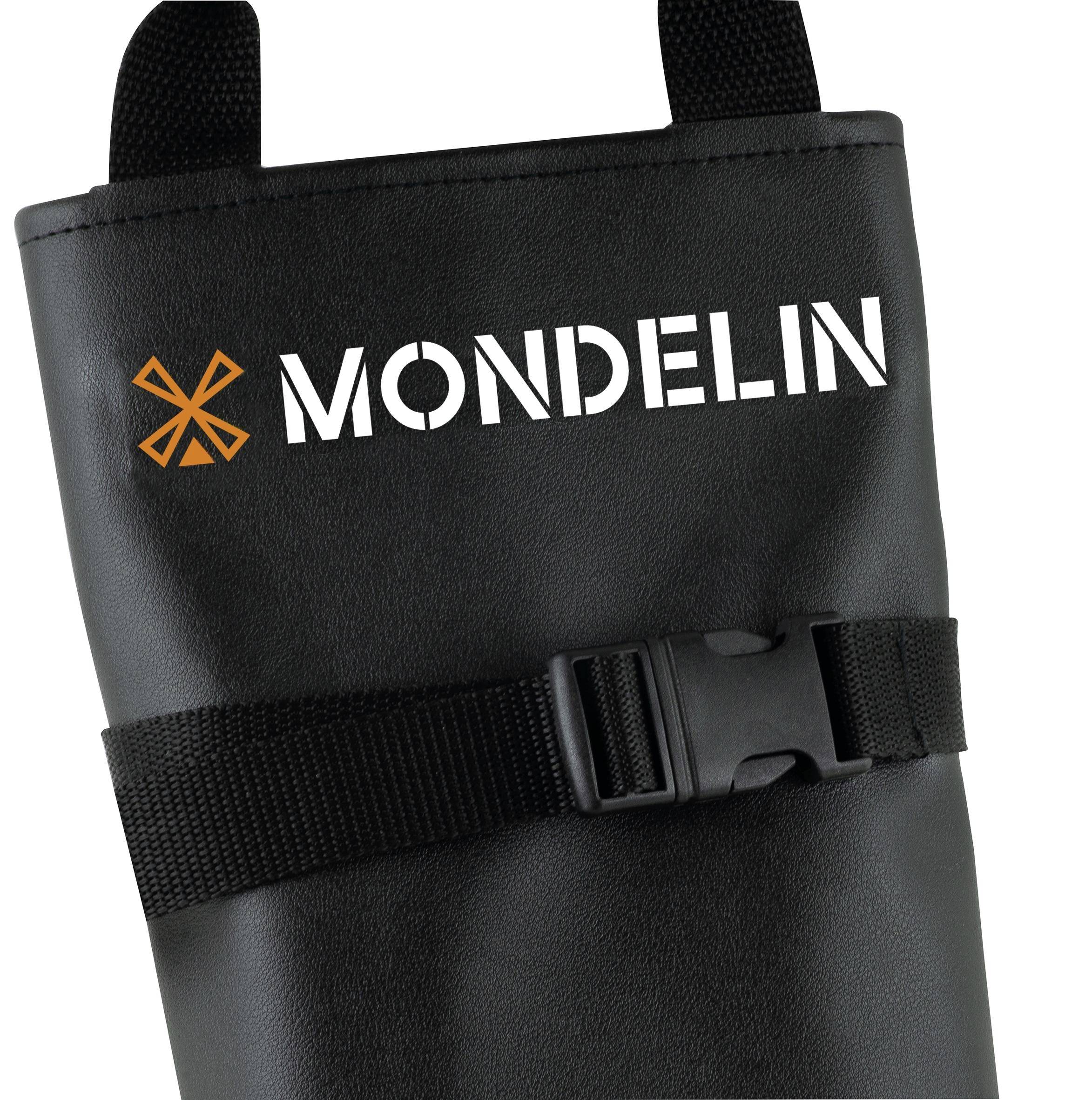 Schwarze MONDELIN-Schutztasche mit zwei Griffhenkeln oben und einem verstellbaren Verschlussgurt über der Vorderseite.