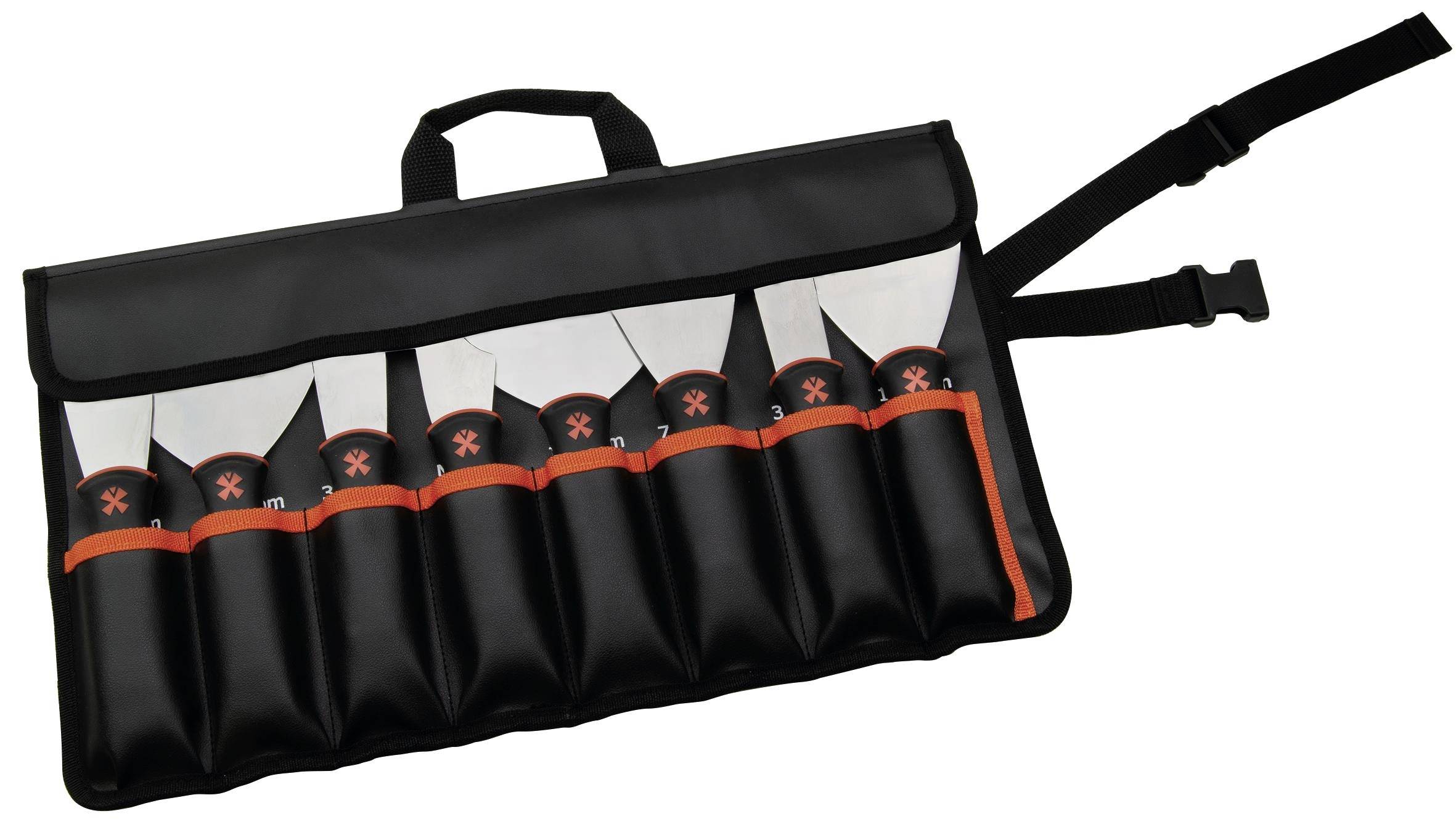 Schwarze Werkzeugtasche mit Rollen, Griff, Schultergurt und mehreren offenen Taschen zur Aufbewahrung von kleinen Handwerkzeugen oder Bithaltern.