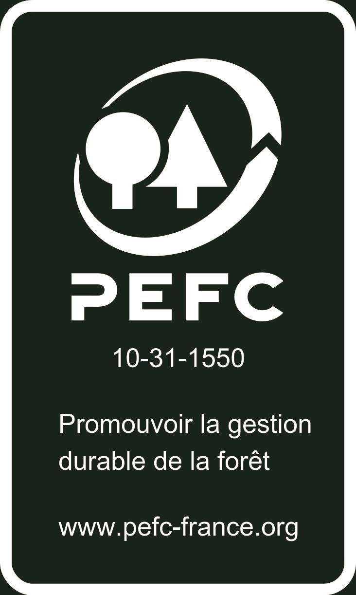 PEFC Forstwirtschafts-Zertifizierungsetikett mit Logo, Zertifikatnummer 10-31-1550 und französischem Text zur Förderung nachhaltiger Waldbewirtschaftung; www.pefc-france.org