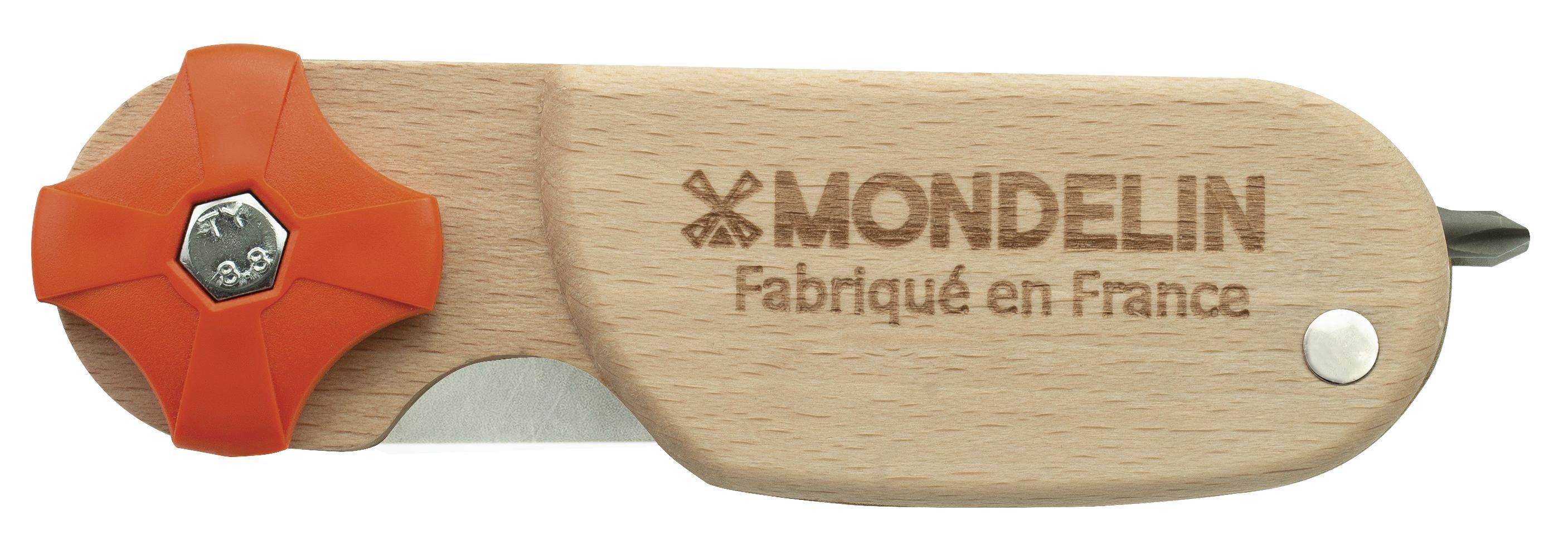Holzwerkzeug Mondelin mit orangefarbenem sternenförmigem Griff, Metallklinge und silbernem Niet, beschriftet mit „MONDELIN Fabriqué en France