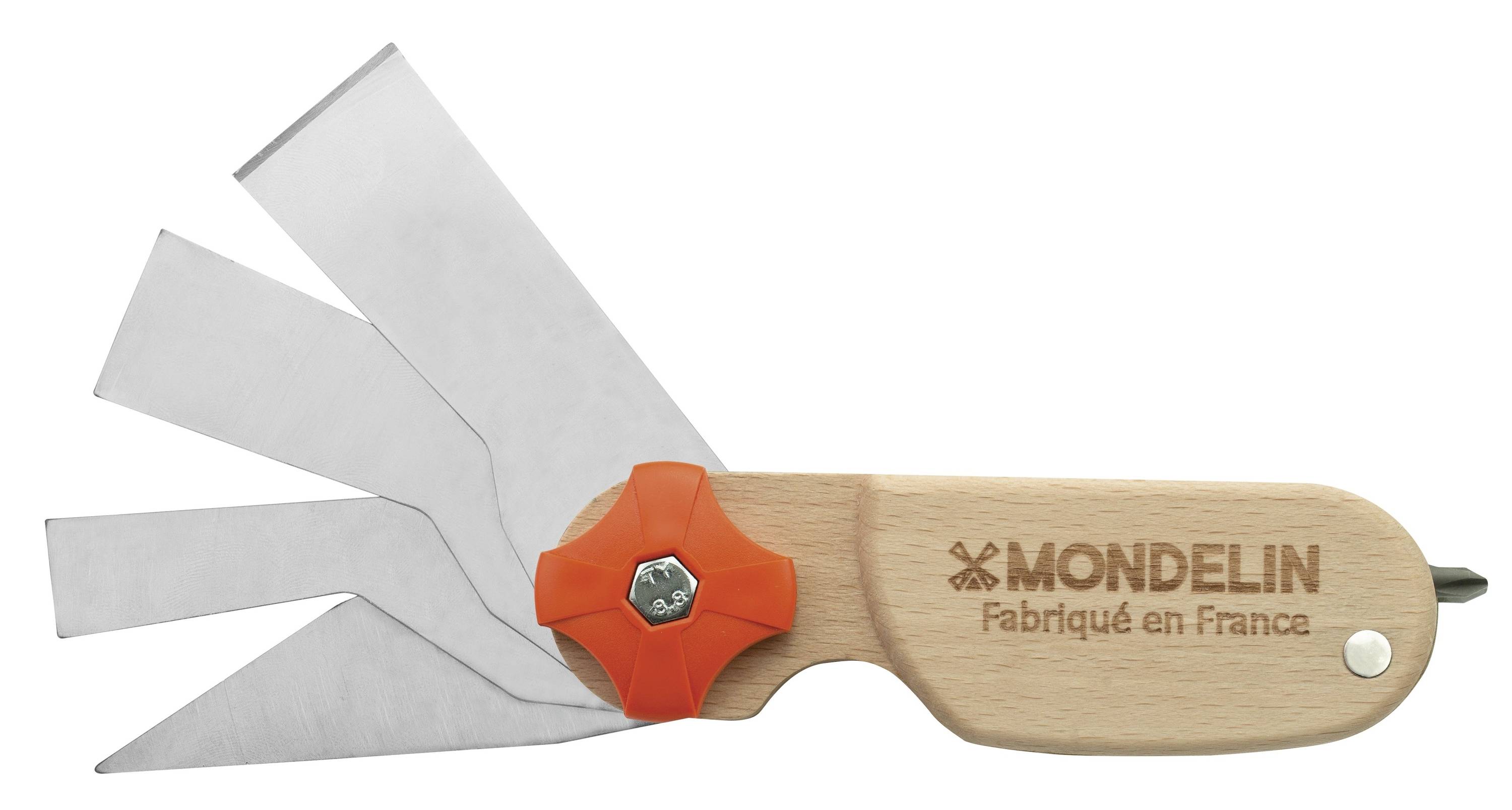 Mondelein Multifunktions-Klappmesser mit fünf Metallklingen und Holzgriff mit der Aufschrift „MONDELIN Fabriqué en France