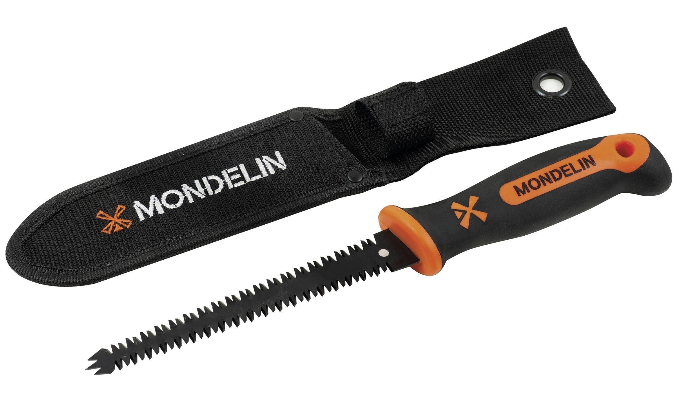 Schwarz-orangene MONDELIN Handsäge mit spitzem Sägezahn in einer schwarzen Nylonscheide.