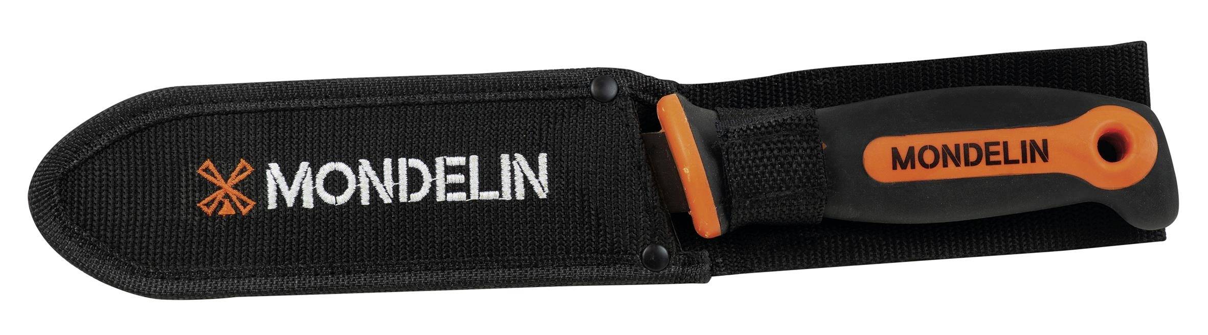 Mondelin Handwerkzeug in schwarzer Scheide mit orangefarbenem Griff, Seitenansicht auf weißem Hintergrund.