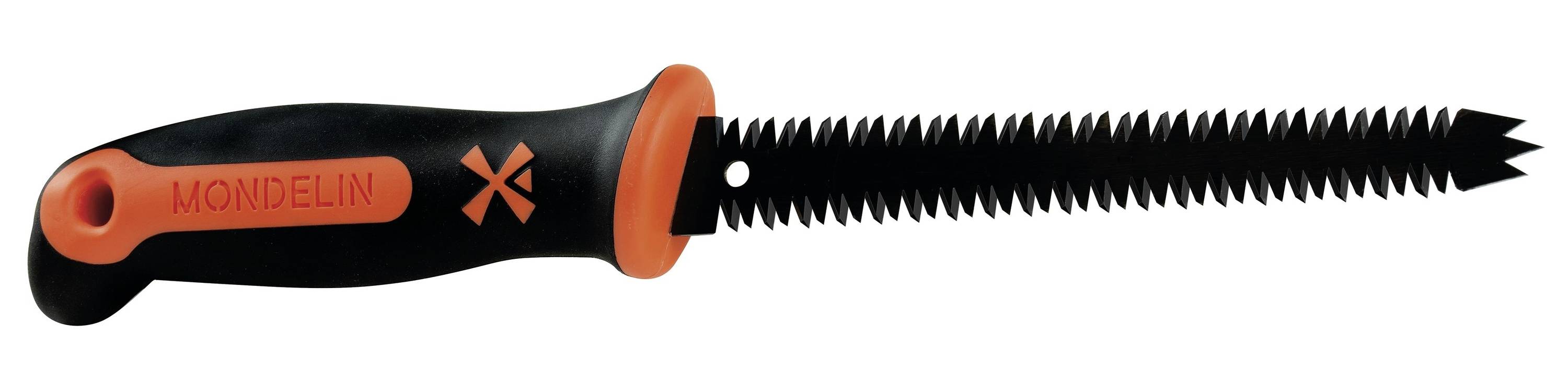 Handsäge mit schwarzem Griff und orangefarbenem Handschutz, schwarze Sägeblattzähnung, auf weißem Hintergrund dargestellt.