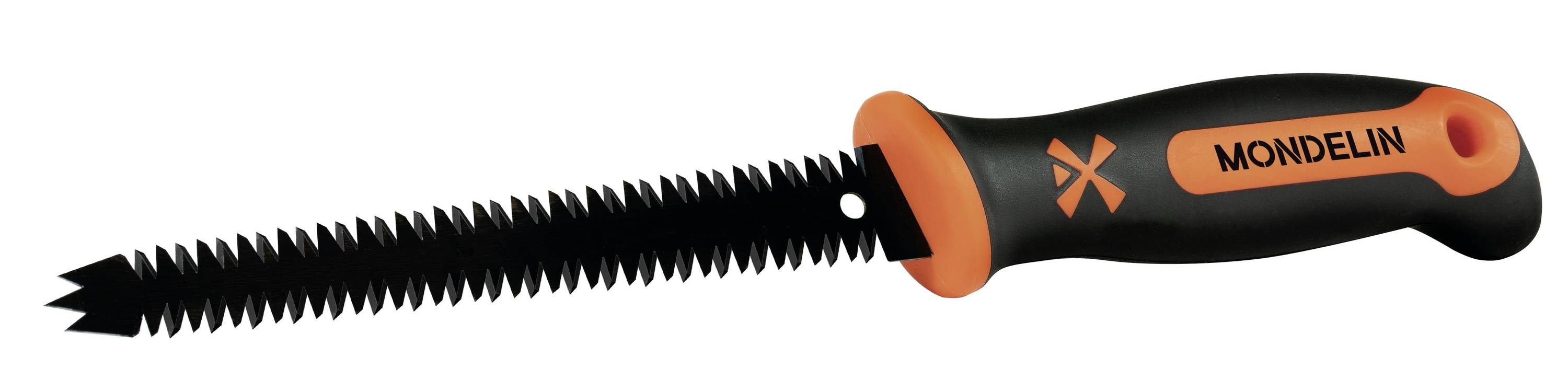 Schwarze Handsäge mit orangeschwarzem Griff, diagonal auf weißem Hintergrund dargestellt.