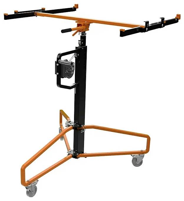 Tragbares Orange-Schwarz Überkopf-Hebegestell mit Radunterbau und verstellbaren horizontalen Stützarmen.