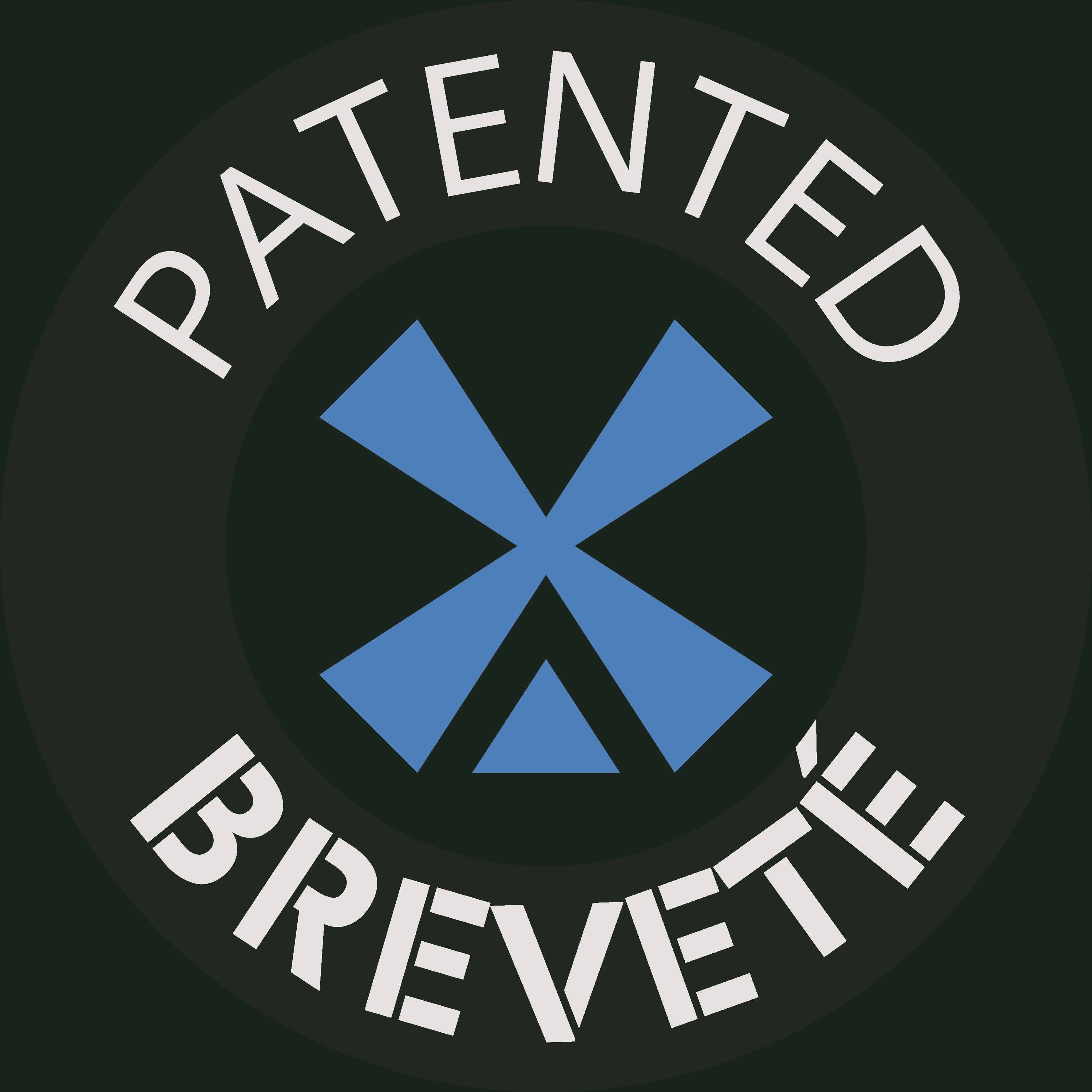 Blaues abstraktes Stern-Logo mit den Worten „PATENTED