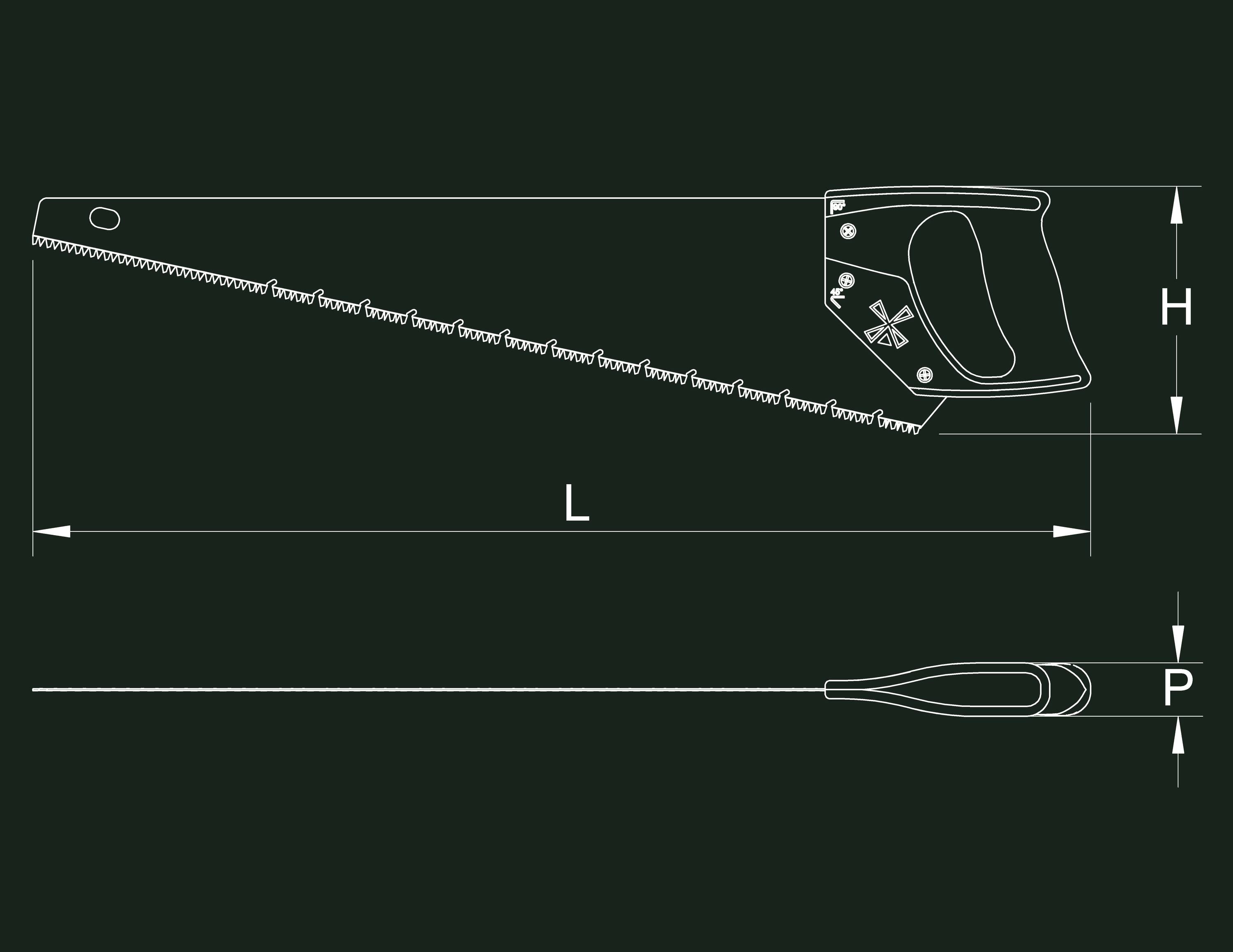 Diagramm einer Handsäge mit Gesamtlänge L, Blatthöhe H und Griffdicke P.