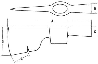 Technisches Diagramm eines Schneidwerkzeugs mit beschrifteten Abmessungen A, B, C, D und E, das die Gesamtlänge, Höhe und Klingenmessungen zeigt.