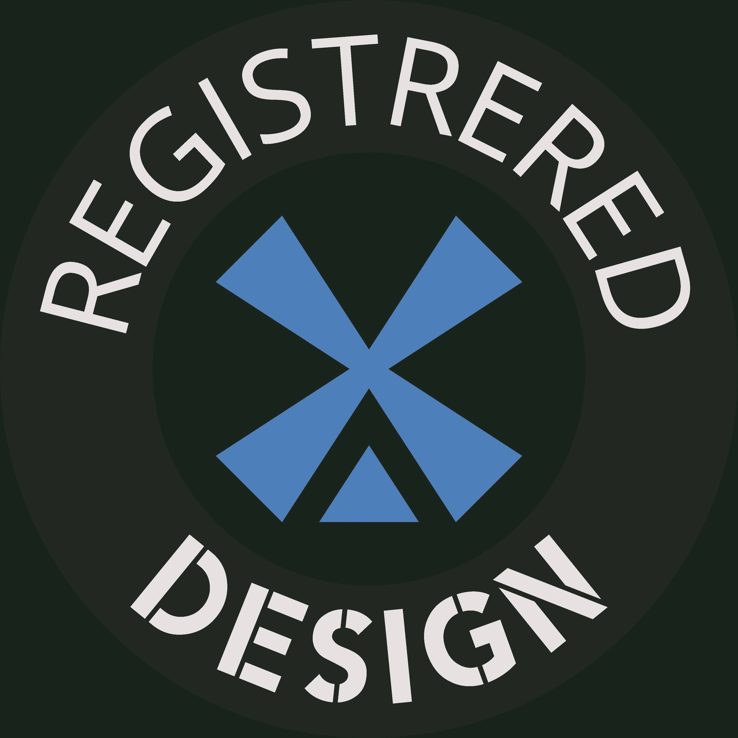 Kreisförmiges Logo mit blauem geometrischem Windmühlen-Symbol und den Worten „REGISTERED DESIGN