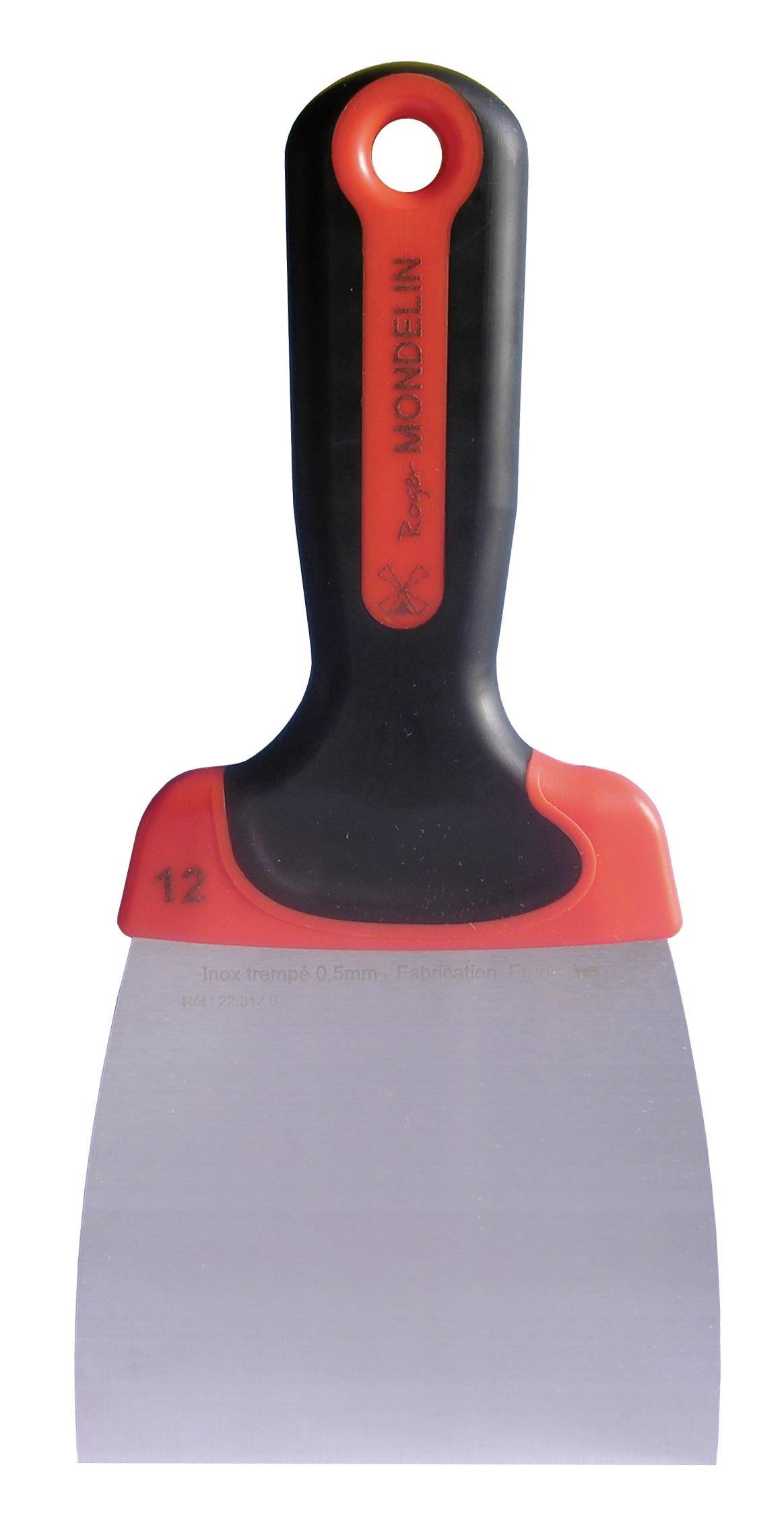 Breites Spachtelmes mit schwarz-rot gestreiftem Griff und Metallklinge, beschriftet mit „MORBIDELN